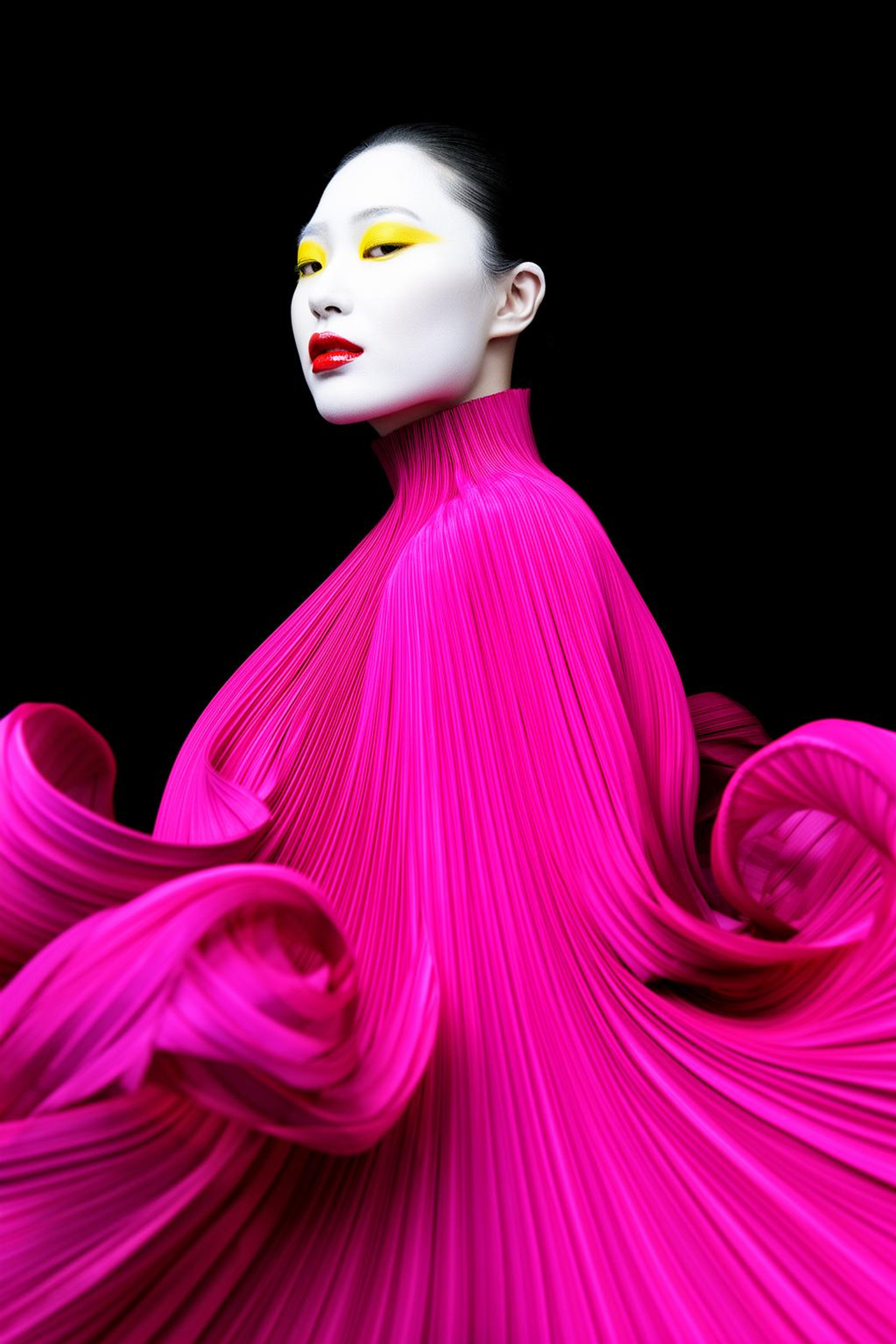 Low-angle medium shot from a side angle of an East Asian woman with a stark white-painted face. Her face is minimalist, featuring bright yellow eyeshadow and glossy red lips, with slicked back black hair. She wears an extraordinary, avant-garde sculptural garment in vibrant magenta. This dress is constructed from a multitude of fine, vertical pleats that radiate outward from a high neck, swirling into voluminous, kinetic shapes that fill the lower frame. Set against a solid black void, the high-contrast lighting accentuates the sharp lines of the makeup and the deep shadows between the fabric's folds. The composition is centered and symmetrical, conveying a futuristic and ethereal mood with a focus on bold texture and fluid motion.<lora:TA-2026-04-10-16-54-17-Low-anglem-420:0>