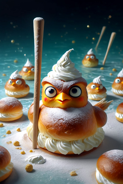 scenery, a Angry Bird with a summer hat made is watching fish in the ocean. baseball bat rod in hand, surprised expression.. SemlaStyle. SemlaStyle, everything made out of semla, whipped cream inside, powdered sugar on top, golden pastries, glossy, appetizing, surreal, creamy, dotstyle, bokeh, glowing, sweet sugar, cute, golden,