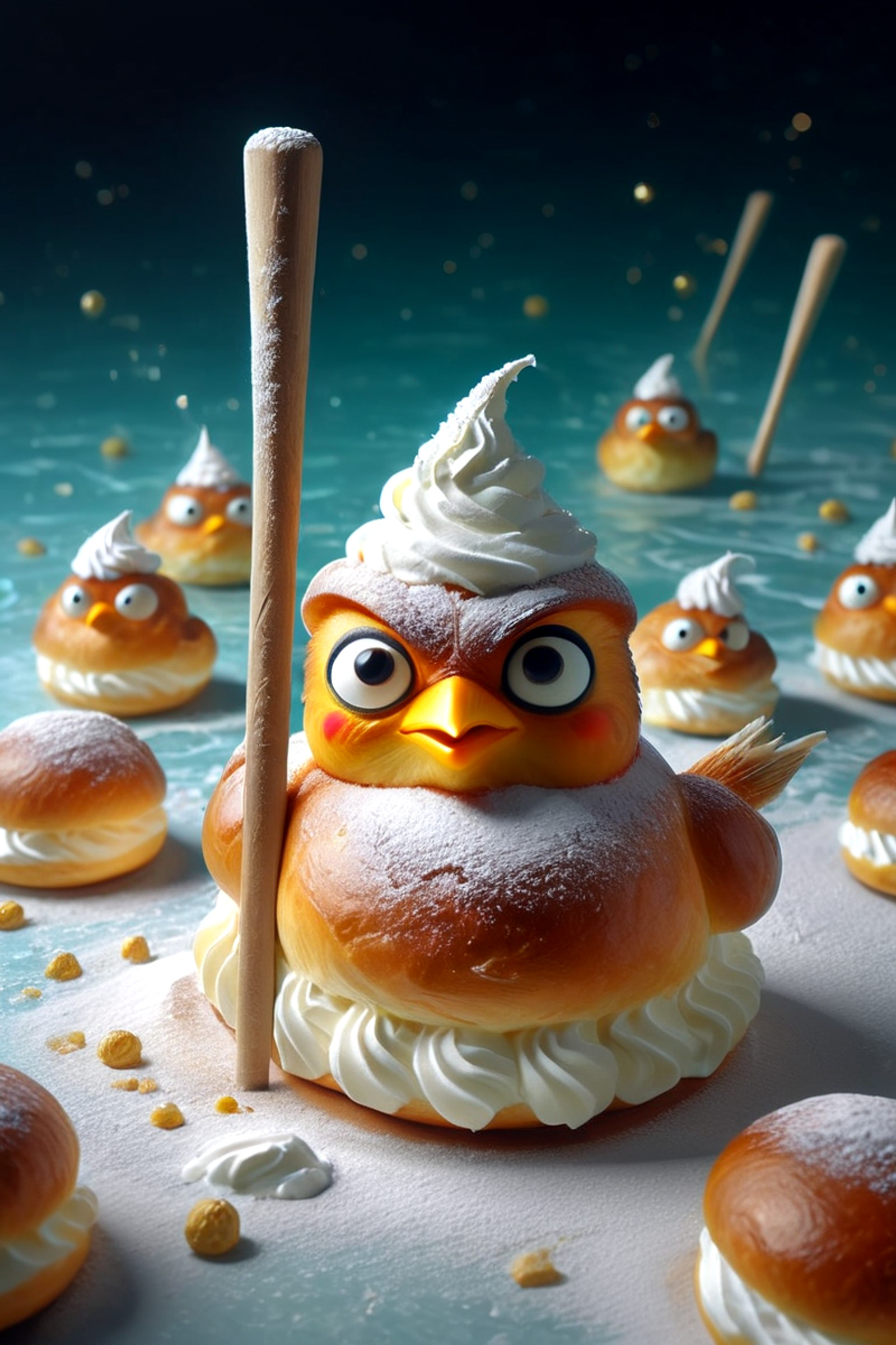 scenery, a Angry Bird with a summer hat made is watching fish in the ocean. baseball bat rod in hand, surprised expression.. SemlaStyle. SemlaStyle, everything made out of semla, whipped cream inside, powdered sugar on top, golden pastries, glossy, appetizing, surreal, creamy, dotstyle, bokeh, glowing, sweet sugar, cute, golden,