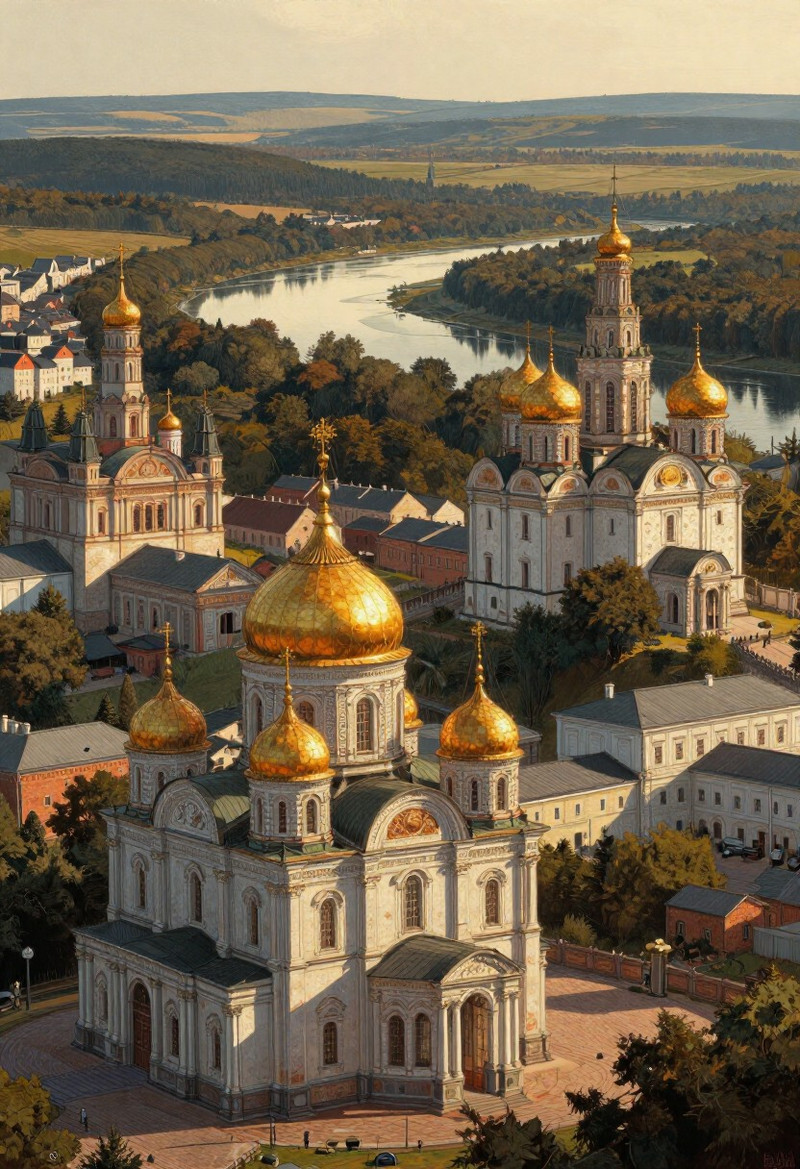 Amivireg art style, Breathtaking panoramic view of ancient Vladimir from a high hill during golden hour, magni