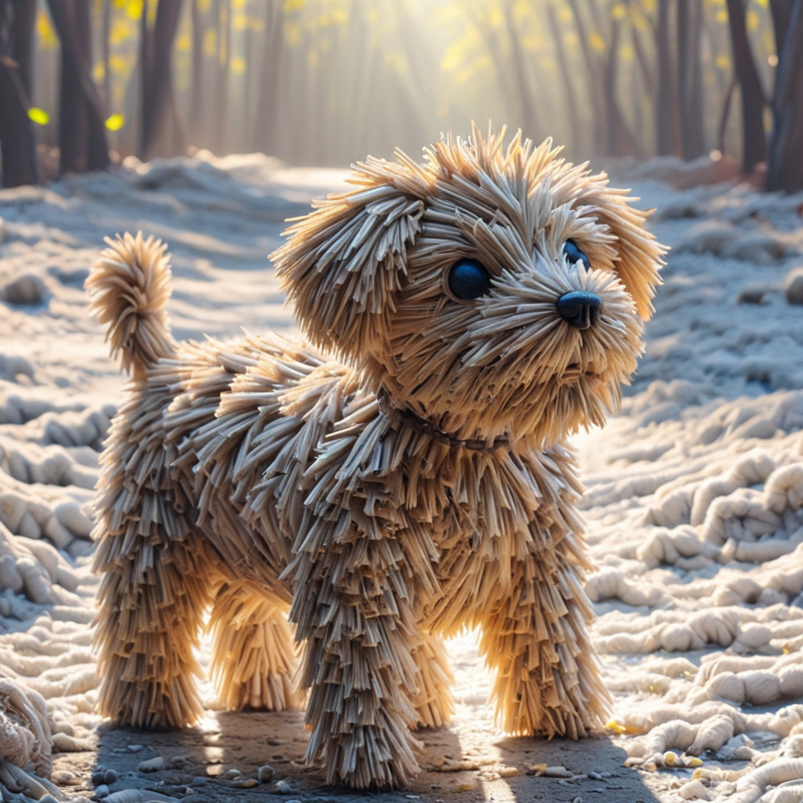 ( dog made of Straw thread :1.4), (no humans),
scenery, blurred background, bokeh, backlighting,
 <lora:Straw_thread:1>