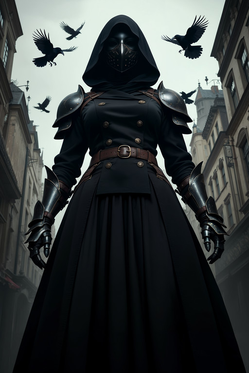 masterpiece, best quality, highres, score_7, score_8, score_9, 1girl, solo, mask, full face mask, metal mask, dark mask, faceless, hood, black hood, hooded, shoulder armor, pauldrons, dark armor, black coat, long coat, double-breasted, buttons, belt, leather belt, buckle, long skirt, black skirt, full skirt, gauntlets, arm guards, leather straps, standing, low angle, looking down at viewer, outdoors, urban, city street, buildings, overcast sky, gray sky, ravens, crows, birds, flying birds, dark fantasy, steampunk, gothic, dark atmosphere, moody, menacing, safe, realistic. A masked and hooded female warrior looms in a dramatic low-angle shot, fully clad in black â a smooth dark metal face mask under a large fabric hood, sculpted metal pauldrons, a double-breasted long coat cinched with a leather belt, a flowing black skirt, and layered dark metal gauntlets â ravens circling in the pale overcast sky above weathered city buildings behind her.