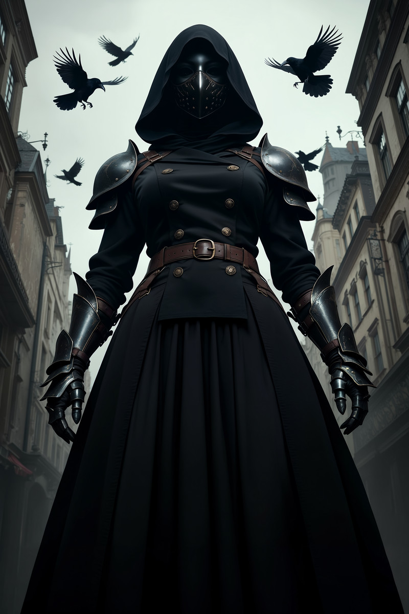 masterpiece, best quality, highres, score_7, score_8, score_9, 1girl, solo, mask, full face mask, metal mask, 