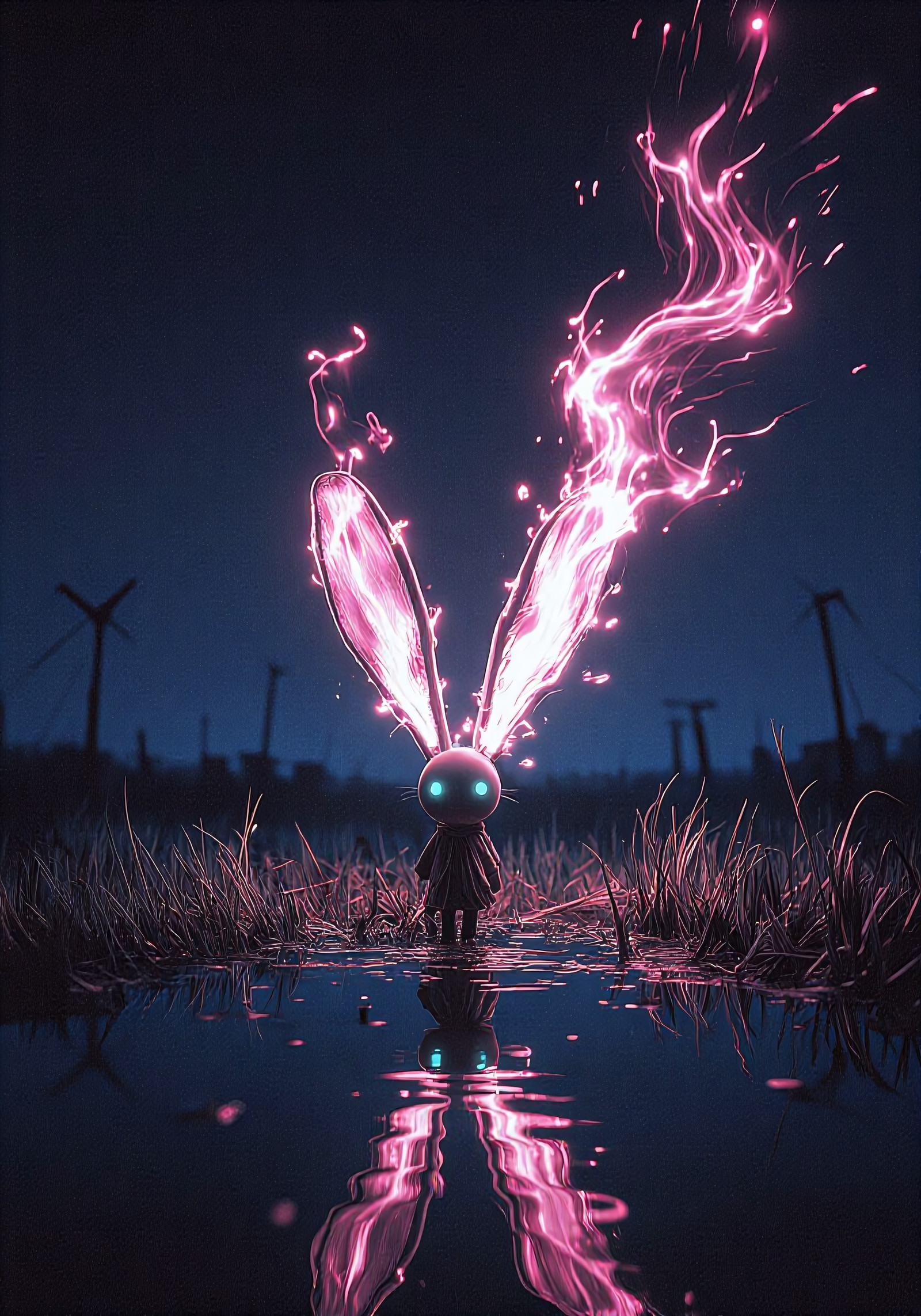 A small neon-eared moon rabbit spirit standing alone at the edge of a black reflective pond, original vertical 2:3 composition with a different visual construction, low cinematic eye-level framing, tiny rounded body in a worn dark cloak, soft cyan glowing eyes, enormous upright ears blazing with white-magenta ethereal fire that tears into the night sky like living lightning, puddle reflection mirroring the pink energy below, ruined grassland and broken antenna-like silhouettes fading into deep blue-black distance, no overall brightening, deeper denser blacks, heavier shadow mass, darker nocturnal atmosphere, cold navy, charcoal, cyan and restrained electric magenta palette, cinematic 50mm lens, glowing ears, eyes and water reflection as focal hierarchy, vertical ears and reflected light forming powerful leading lines, moderately lowered exposure, readable but very deep shadows, controlled subdued highlights, soft highlight rolloff, softened micro-contrast, dreamy optical softness, subtle atmospheric diffusion, faint filmic haze, restrained halation around magenta energy and cyan eyes, minimal chromatic aberration on neon edges, fine film grain, matte paper grain, delicate painterly tooth, organic printed-illustration patina, faint canvas-like microtexture, worn photographic texture, slight pigment granulation, velvety dry-brush transitions, tactile details in wet grass, mud, cloth fibers, rippled water, glowing sparks, mist and tiny scratches, premium dark cinematic whimsical fantasy finish, clean geometry, no readable text.
