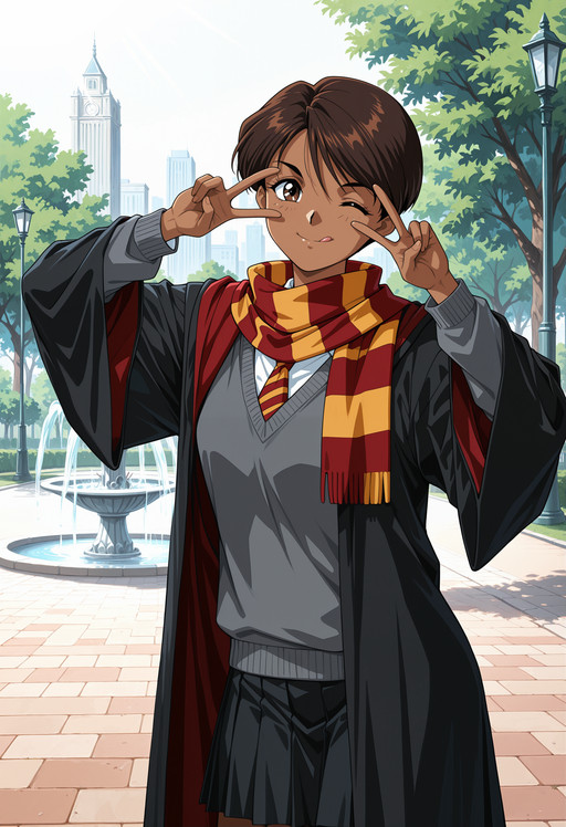masterpiece, best quality, highres, absurdres, very awa, 1girl, solo, tohno mizuki, dark skin, short brown hair, short hair, hogwarts school uniform, white shirt, long sleeves, gryffindor, outdoors, park, (peace sign), hand up, double v, hands up, brown eyes, striped necktie, black robe, grey sweater, pleated skirt, black skirt, striped scarf, (cityscape:0.9), path, fountain, lamppost, v over eye, cowboy shot, looking at viewer, sunlight, v-shaped eyebrows, smile, closed mouth, one eye closed, licking lips