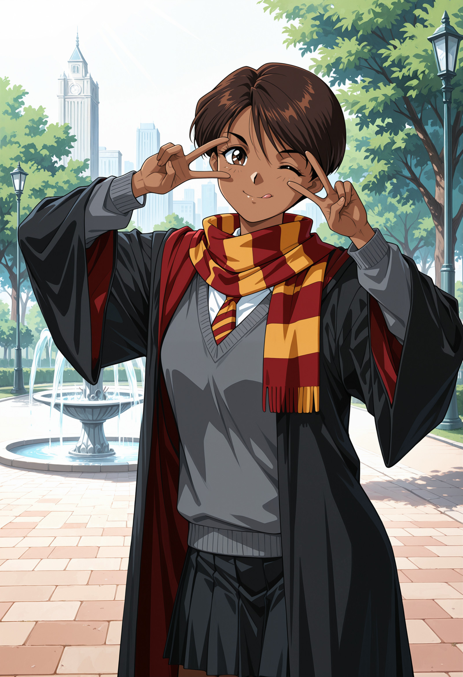 masterpiece, best quality, highres, absurdres, very awa, 1girl, solo, tohno mizuki, dark skin, short brown hair, short hair, hogwarts school uniform, white shirt, long sleeves, gryffindor, outdoors, park, (peace sign), hand up, double v, hands up, brown eyes, striped necktie, black robe, grey sweater, pleated skirt, black skirt, striped scarf, (cityscape:0.9), path, fountain, lamppost, v over eye, cowboy shot, looking at viewer, sunlight, v-shaped eyebrows, smile, closed mouth, one eye closed, licking lips