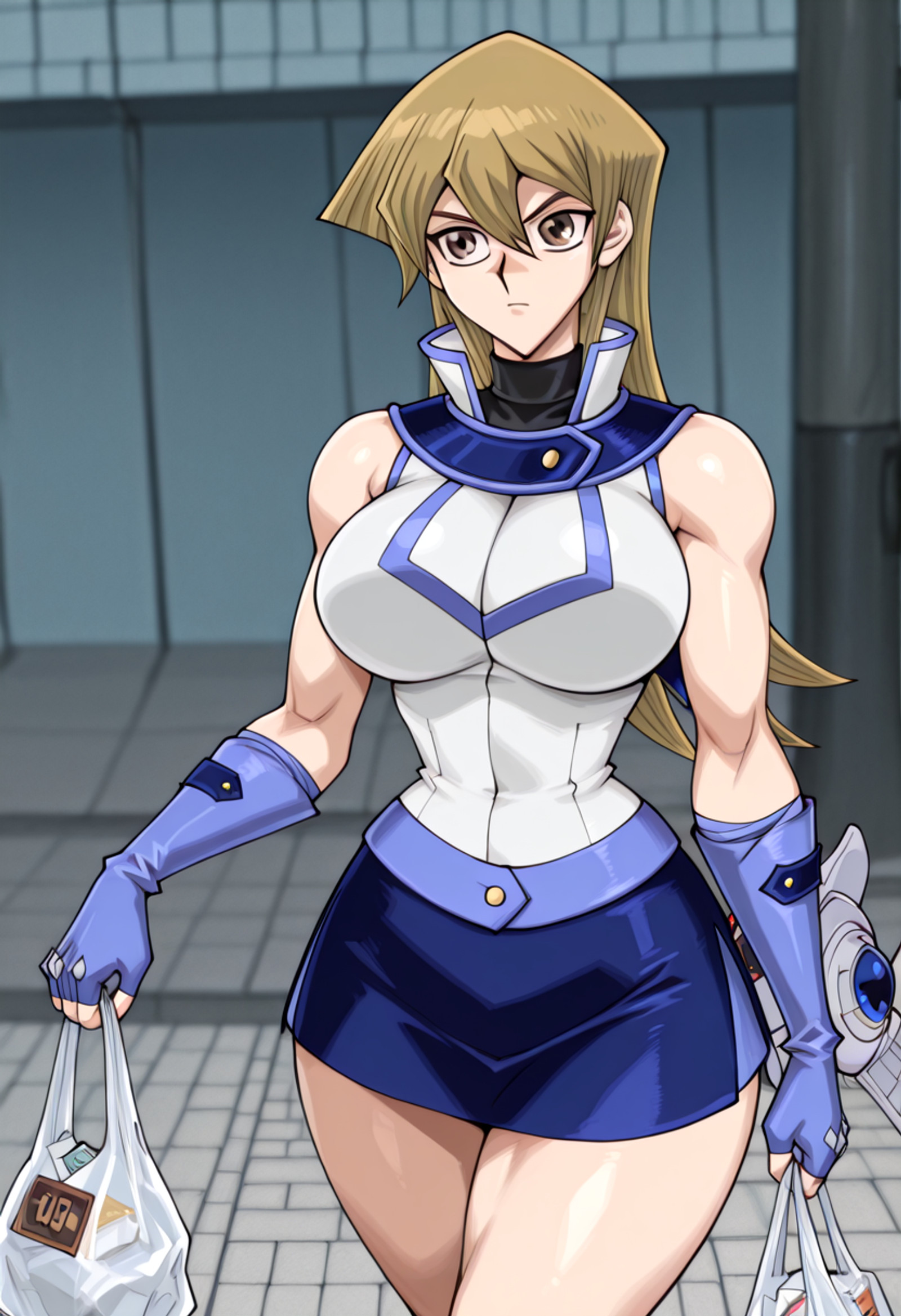 score_9, score_8_up, score_7_up,highest quality, score_9, source_anime,masterpiece,best quality,solo,expressive,nsfw,detailed character, detailed background,sharp resolution,walking, holding plastic bag, sidewalk, dynamic angle, large breasts, narrow waist, tiny waist, large hips, muscular female, upper body ,
,1girl, solo,a2sk1,blonde hair, brown eyes, long hair, hair between eyes,white uniform, blue skirt, short skirt, black turtleneck, blue trim, blue gloves, fingerless gloves, duel disk, sleeveless uniform, bare shoulders, duel academy uniform (yu-gi-oh! gx)
