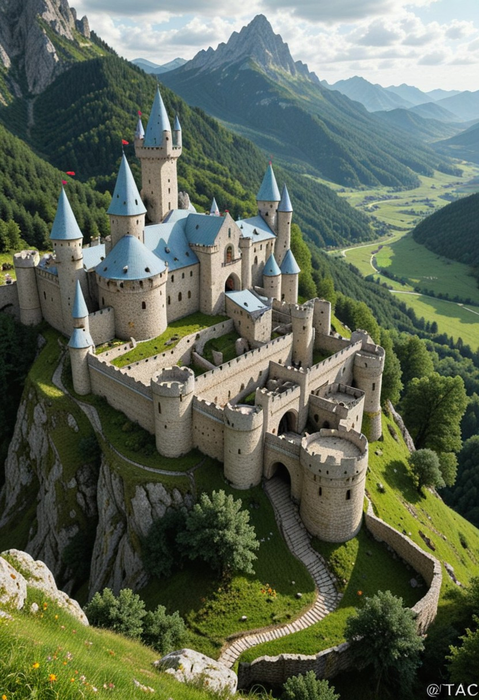 white medieval Citadel, rock, fortified, fantasy tower with light blue roof, fields, forest, (((Mountain valley))), htac