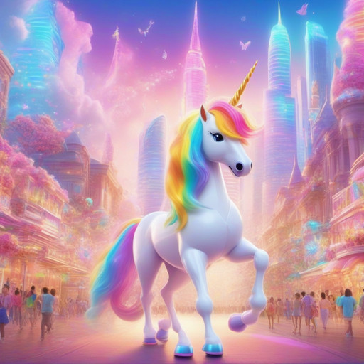 A futuristic cyberpunk city street completely transformed into a magical rainbow unicorn utopia, towering skyscrapers capped with giant sparkly unicorn horns, oceans of pastel glows and rainbow gradients replacing neon lights. In the center, a majestic robotic-unicorn hybrid with flowing iridescent mane-hair prancing gracefully. The air is filled with glowing butterfly swarms and glittering candy floss clouds. Hyper-detailed, vibrant cinematic lighting, highly aesthetic, whimsical, masterpiece, enchanted dreamscape, SFW.