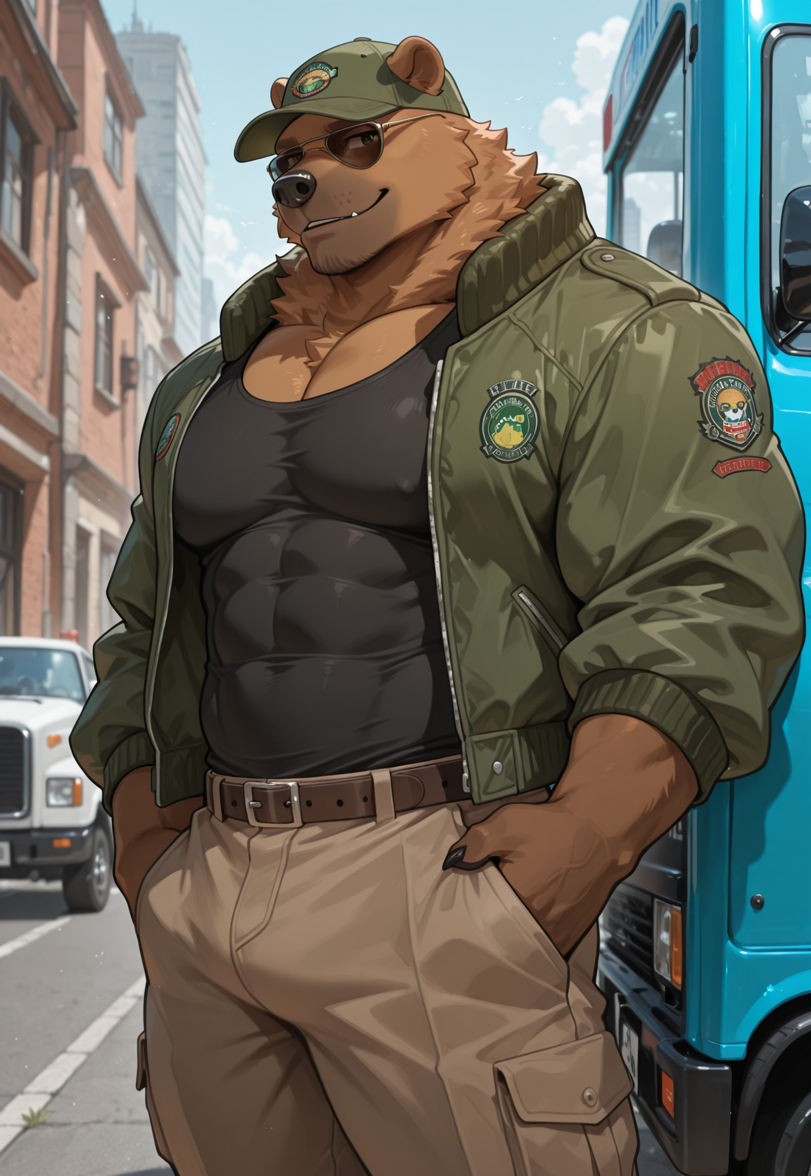 masterpiece, best quality, high detail, absurdres, solo,
1male, furry, mature male, DILF, tall, muscular, thick, grizzly bear, brown eyes, big muscles, broad shoulders, abs, green bomber jacket, black tank top, brown pants, lime green trucker cap, dark aviator sunglasses, casual expression,
outdoors, standing next to a semi truck, daytime, 
front view, from side