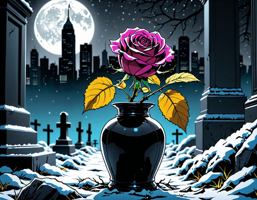 a withering rose in a vase on a grave on a cold winter night, looking up, black and white photography, artisitic, award winning photo, post modern,, emotional, harmonious,, masterpiece, 8k, ultra high res, ultra high detail, best quality, ultra detailed, realistic, highly detailed, trending artstation, award winning GTA-style illustration, comic book art style, high contrast, dramatic shadows, cinematic lighting, comic book shading, bold outlines, vibrant colors, stylized, urban, poster art, Rockstar Games aesthetic,