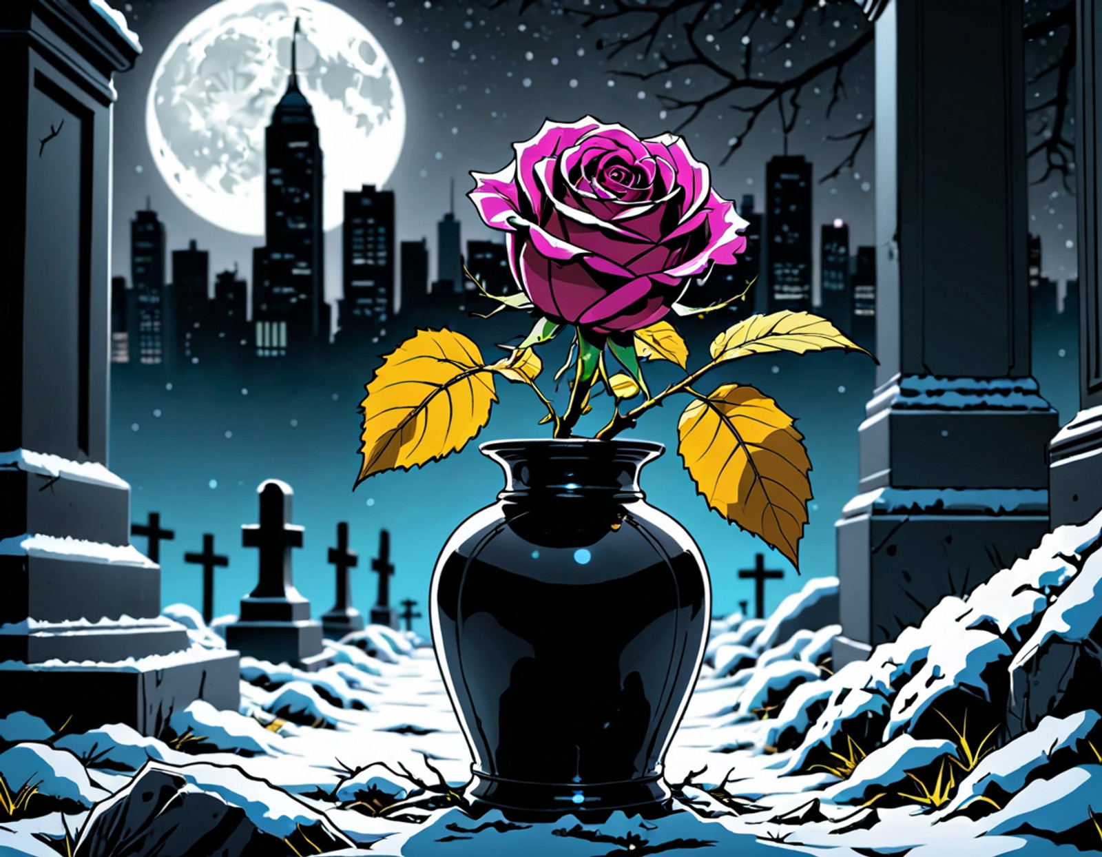 a withering rose in a vase on a grave on a cold winter night, looking up, black and white photography, artisitic, award winning photo, post modern,, emotional, harmonious,, masterpiece, 8k, ultra high res, ultra high detail, best quality, ultra detailed, realistic, highly detailed, trending artstation, award winning GTA-style illustration, comic book art style, high contrast, dramatic shadows, cinematic lighting, comic book shading, bold outlines, vibrant colors, stylized, urban, poster art, Rockstar Games aesthetic,
