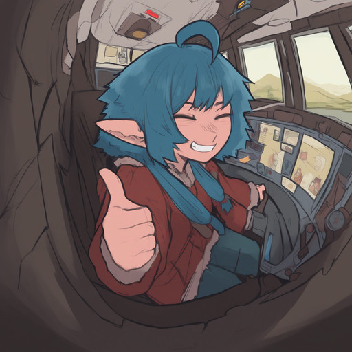masterpiece, best quality, amazing quality, very aesthetic, absurdres, newest,
<lora:fonzawa_style_NoobVP-r2-000008:0.9> fonzawa,
1girl, solo, petra \(fonzawa\), closed eyes, blue hair, low twintails, ahoge, elf, 
smile, grin, happy, thumbs up, perspective, cockpit,
