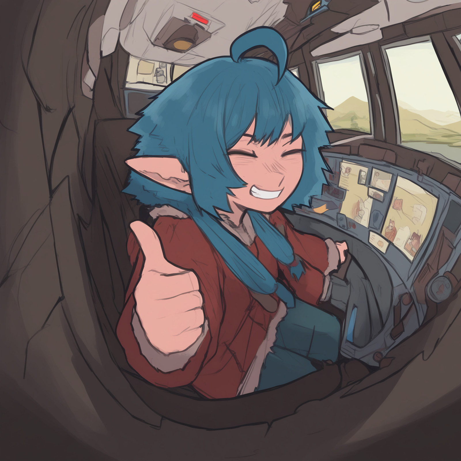 masterpiece, best quality, amazing quality, very aesthetic, absurdres, newest,
<lora:fonzawa_style_NoobVP-r2-000008:0.9> fonzawa,
1girl, solo, petra \(fonzawa\), closed eyes, blue hair, low twintails, ahoge, elf, 
smile, grin, happy, thumbs up, perspective, cockpit,