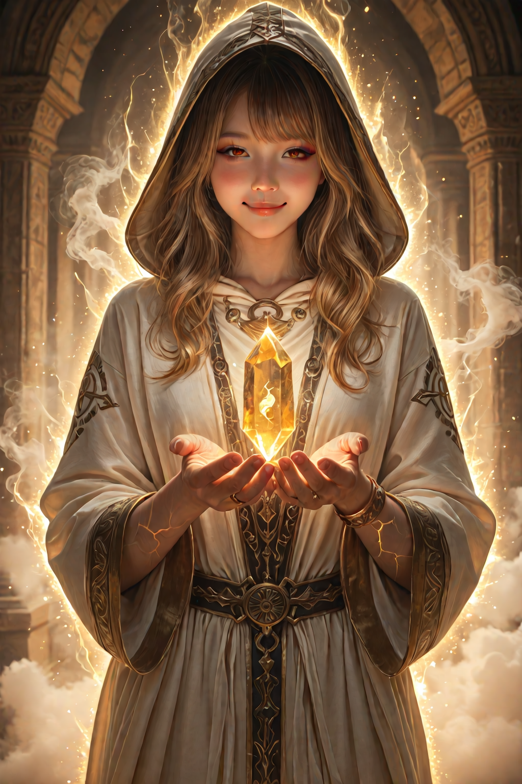 Look at Viewer
 cinematic realistic scene in 8K HD,[Petite athletic woman, long golden curls, subtle blush and eyeliner, warm brown eyes with gentle playful smile, soft jawline, natural lips, delicate gold rings and bracelets, realistic collarbones and hand proportions |, performing arcane ritual around glowing altar], deep crystal cavern with ethereal rune carvings and pulsing energy veins under dim aurora glow, hooded ceremonial robes on enigmatic figures, mystical environment with floating particles and ancient artifacts in shadows, hypnotic eyes focused on spell, ritualistic poses with hands raised, glowing symbols and aura effects visible, high detail textures on crystals, smoke wisps, and cloth, photorealistic rendering, epic composition with depth of field, volumetric lighting from magical sources, sharp focus, ultra-detailed, no artifacts, masterpiece quality.