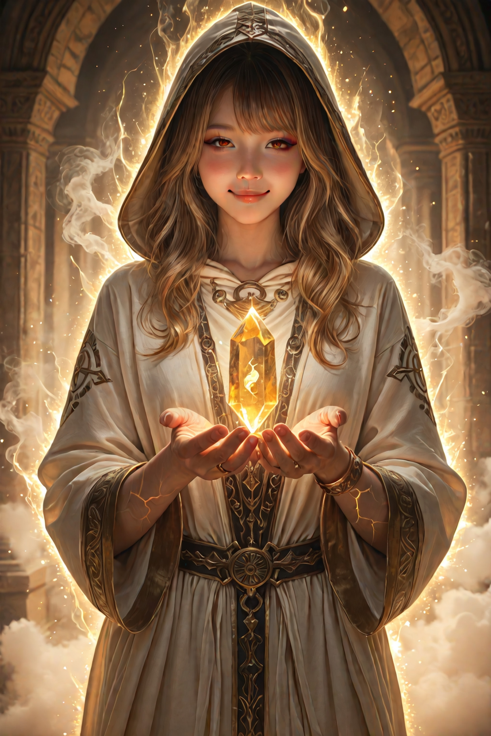 Look at Viewer
 cinematic realistic scene in 8K HD,[Petite athletic woman, long golden curls, subtle blush and eyeliner, warm brown eyes with gentle playful smile, soft jawline, natural lips, delicate gold rings and bracelets, realistic collarbones and hand proportions |, performing arcane ritual around glowing altar], deep crystal cavern with ethereal rune carvings and pulsing energy veins under dim aurora glow, hooded ceremonial robes on enigmatic figures, mystical environment with floating particles and ancient artifacts in shadows, hypnotic eyes focused on spell, ritualistic poses with hands raised, glowing symbols and aura effects visible, high detail textures on crystals, smoke wisps, and cloth, photorealistic rendering, epic composition with depth of field, volumetric lighting from magical sources, sharp focus, ultra-detailed, no artifacts, masterpiece quality.