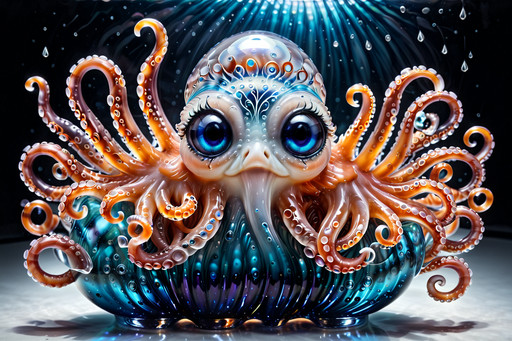 Picture a humorous Murano glass octopus who looks as if it accidentally wandered out of a Venetian opera rehearsal and decided to stay.

Its bulbous head is blown from translucent coral-red glass infused with delicate trails of aventurine, sparkling faintly like stardust suspended in syrup. Swirls of turquoise and seafoam green spiral through the body, echoing the colors of the lagoon at sunset. The surface is impossibly smooth, yet alive with trapped bubbles that give it a gently effervescent personality — as though it is quietly giggling inside.

Each tentacle curls dramatically outward in exaggerated theatrical gestures, as if conducting an invisible orchestra. The suction cups are tiny domes of milky opaline glass, slightly oversized for comedic effect, giving the impression that the octopus might accidentally stick to absolutely everything. One tentacle is raised higher than the others, delicately holding a miniature glass masquerade mask in shimmering gold leaf — a playful nod to Venetian carnival tradition.

Its eyes are two clear glass spheres with suspended silver flecks, wide and overly expressive, conveying dignified surprise. The base is shaped like a stylized wave in deep cobalt blue, tipped with transparent crests that catch the light and fracture it into shimmering fragments across the table.

When sunlight hits the sculpture, it scatters radiant reflections like liquid confetti, making the octopus appear both majestic and slightly ridiculous — a refined lagoon aristocrat with the soul of a cheerful jester, forever frozen mid-performance in luminous Murano glass.