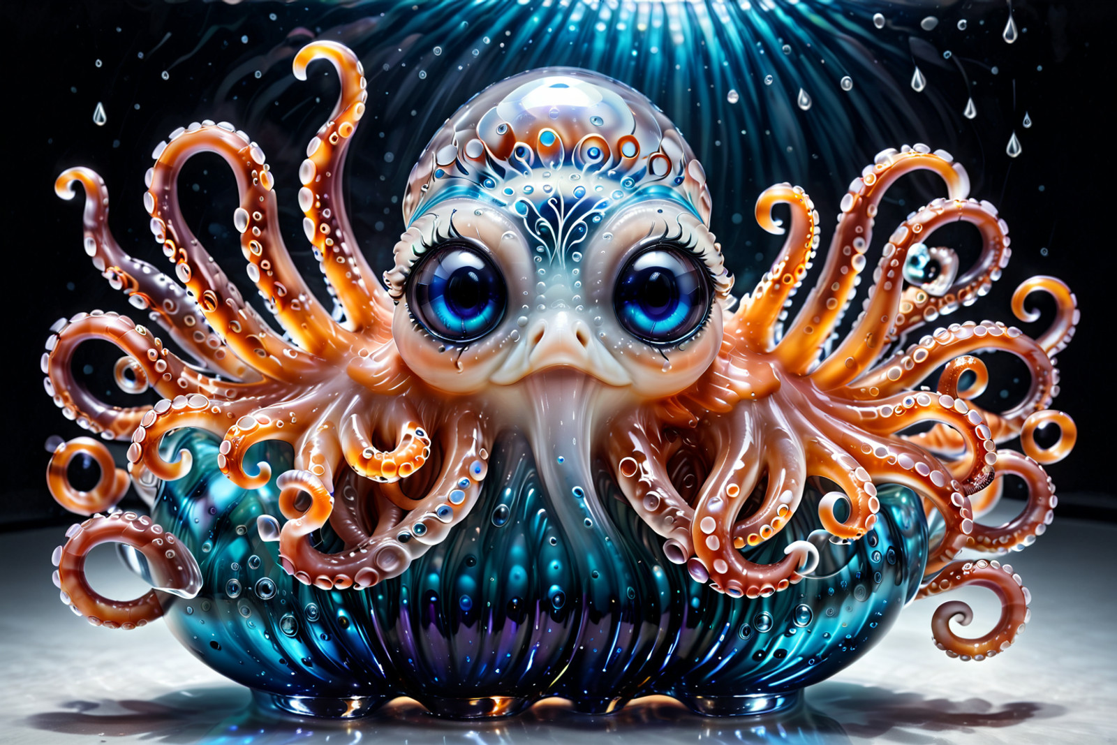 Picture a humorous Murano glass octopus who looks as if it accidentally wandered out of a Venetian opera rehearsal and decided to stay.

Its bulbous head is blown from translucent coral-red glass infused with delicate trails of aventurine, sparkling faintly like stardust suspended in syrup. Swirls of turquoise and seafoam green spiral through the body, echoing the colors of the lagoon at sunset. The surface is impossibly smooth, yet alive with trapped bubbles that give it a gently effervescent personality — as though it is quietly giggling inside.

Each tentacle curls dramatically outward in exaggerated theatrical gestures, as if conducting an invisible orchestra. The suction cups are tiny domes of milky opaline glass, slightly oversized for comedic effect, giving the impression that the octopus might accidentally stick to absolutely everything. One tentacle is raised higher than the others, delicately holding a miniature glass masquerade mask in shimmering gold leaf — a playful nod to Venetian carnival tradition.

Its eyes are two clear glass spheres with suspended silver flecks, wide and overly expressive, conveying dignified surprise. The base is shaped like a stylized wave in deep cobalt blue, tipped with transparent crests that catch the light and fracture it into shimmering fragments across the table.

When sunlight hits the sculpture, it scatters radiant reflections like liquid confetti, making the octopus appear both majestic and slightly ridiculous — a refined lagoon aristocrat with the soul of a cheerful jester, forever frozen mid-performance in luminous Murano glass.