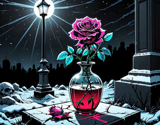 a withering rose in a vase on a grave on a cold winter night, looking up, black and white photography, artisitic, award winning photo, post modern,, emotional, harmonious,, masterpiece, 8k, ultra high res, ultra high detail, best quality, ultra detailed, realistic, highly detailed, trending artstation, award winning GTA-style illustration, comic book art style, high contrast, dramatic shadows, cinematic lighting, comic book shading, bold outlines, vibrant colors, stylized, urban, poster art, Rockstar Games aesthetic,