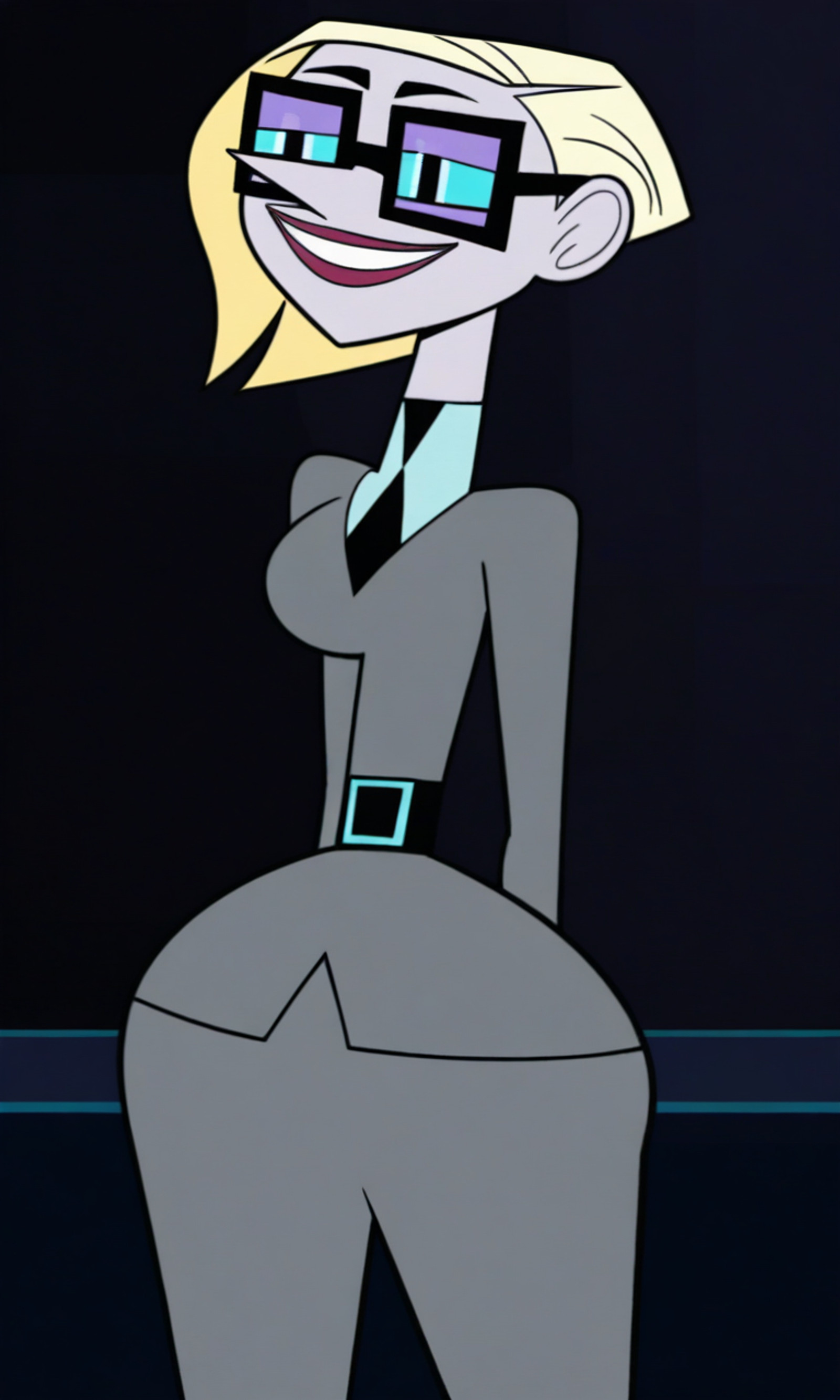 1girl, solo, short blonde hair, red lipstick, black pupils, glasses, purple eyeliner, breasts, wide hips, grey formal outfit, black tie, black boots, closed mouth, looking at viewer, face at center, office, smiling, standing, hands behind back, best quality, masterpiece