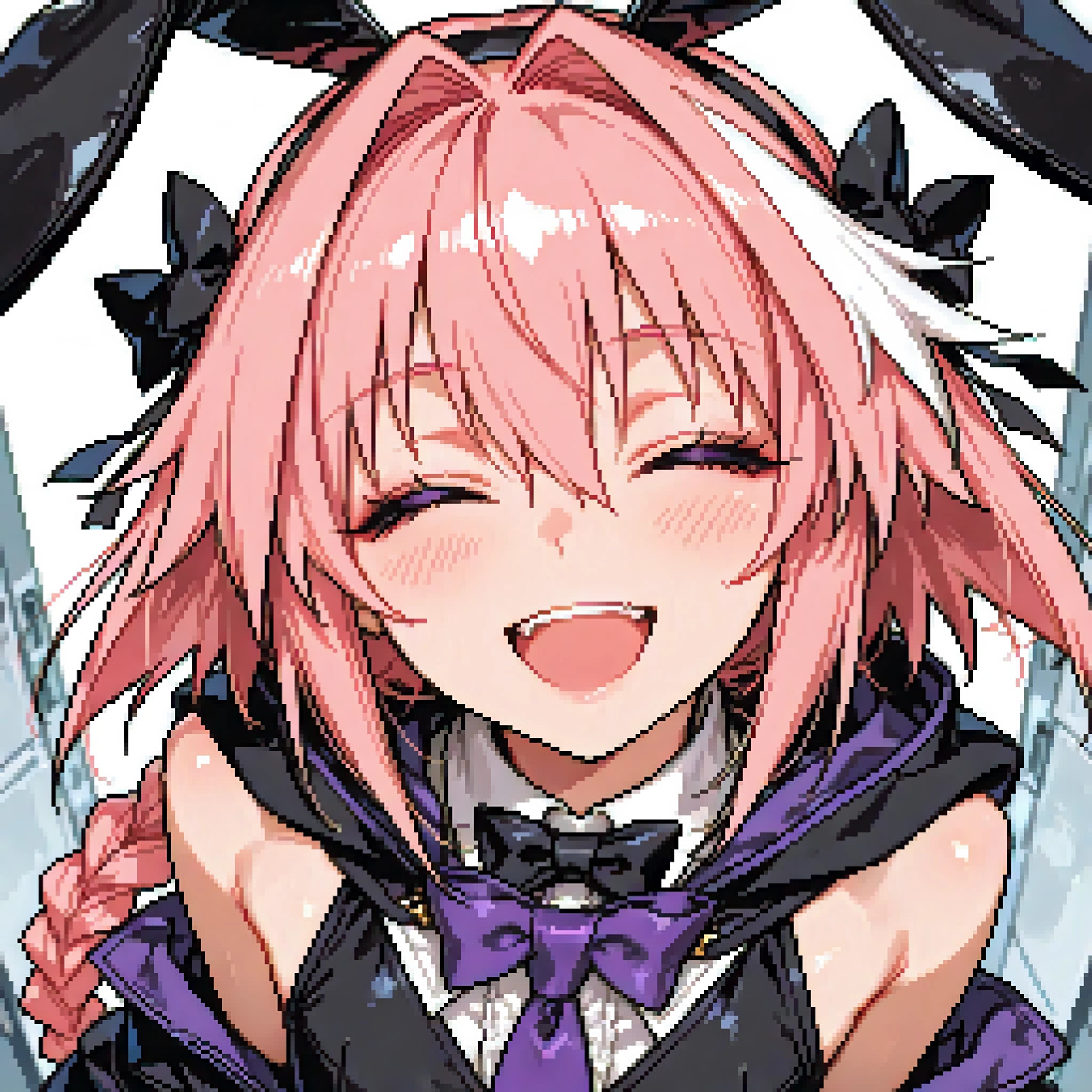 amazing quality,best quality,masterpiece,open mouth,astolfo_(fate),fate_(series),1boy,male_focus,hair_ribbon,streaked_hair,two-tone_hair,pink_hair,white_hair,very_long_hair,:d,eyelashes,purple_eyes,shiny_skin,bowtie,black_bowtie,hood,black_ribbon,fake_animal_ears,flat chest,femboy,trap,otoko no ko,scarf,blurry,purple necktie,closed eyes,sleeveless,pixel art  <lora:SDV_Portrait:1>