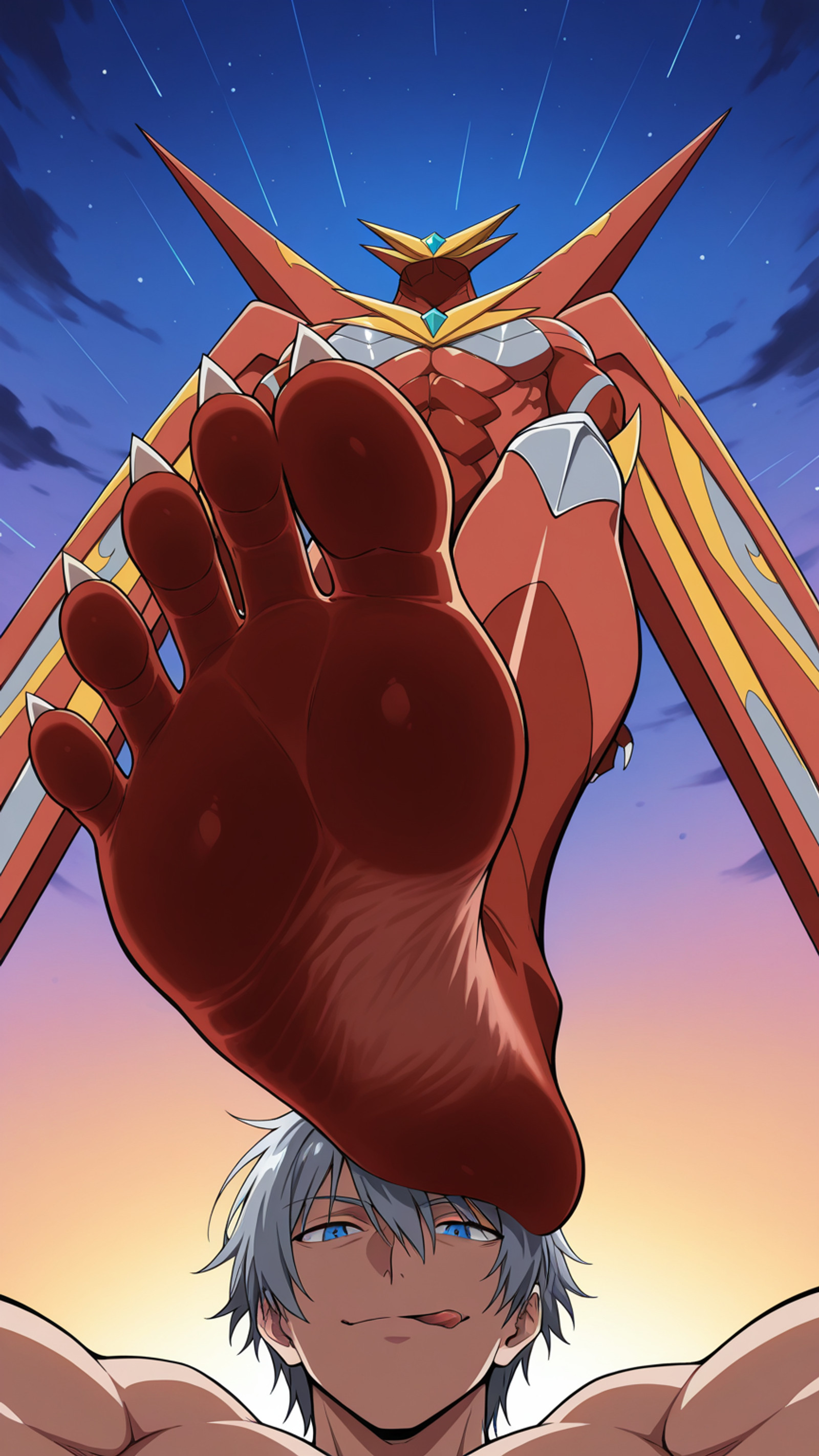 masterpiece, 4k, best quality, sharp aliasing, highly detailed, intricately detailed illustration, (solo:1.5), (1male:1.5), (male Adult:1.5), anime coloring, source_anime BREAK <lora:FusionArmor:1.5> FusionArmor, Wings, Claws, Red body, Humanoid body, barefoot, toe claws, (red feet:1.5), ( grey hair:1.5), (grey eyes:1.5), outdoors, (human face:1.5), anime colouring, (floating in sky:1.5), close up, muscular, (licking feet:1.5), (footworship:1.5), (2males:1.5), (5toes:1.5), smirk, view below, sideview