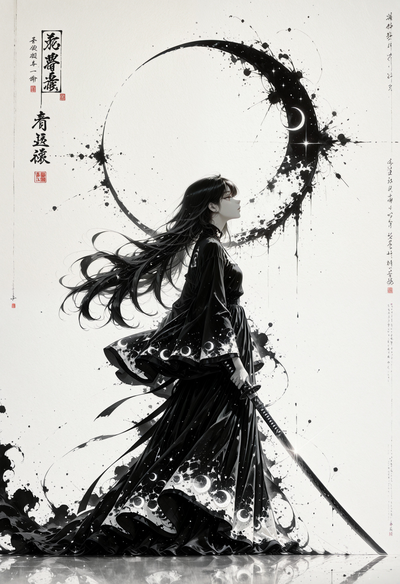 Character prompt:
1girl, solo, silhouette,  shadow, long hair, flowing hair, wind-blown hair, looking away, profile, side view, wearing long dress, tattered dress, billowing dress, holding katana, sword, long sword, crescent moon, large crescent moon, thin moon, white background, simple background, white void, monochrome, greyscale, black and white, high contrast, ink wash painting (style), sumi-e, watercolor (medium), ink splashes, splatters, disintegration effect, particles, minimalist, aesthetic,