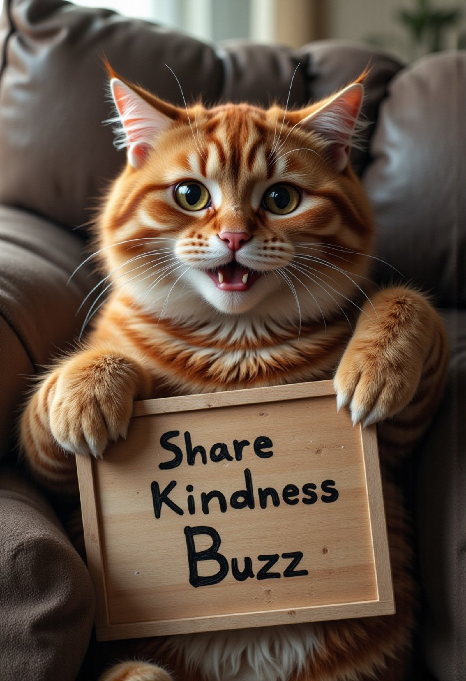 a brown cat holding board which has  written "Share kindness, donate buzz", smiling, room, sofa, big eyes,