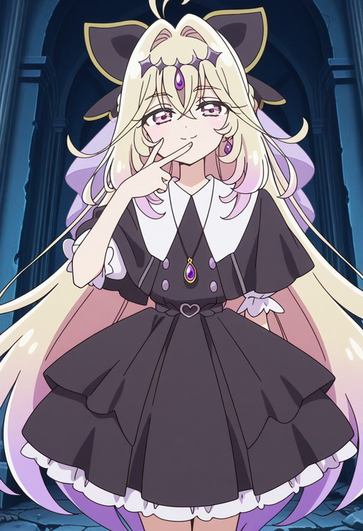 masterpiece, best quality, amazing quality,, cowboy shot, solo, looking at viewer, , <lora:moria-luluka-anime-illustriousxl-lora-nochekaiser:1>, moria luluka, long hair, blonde hair, very long hair, purple eyes, pink hair, braid, purple hair, multicolored hair, hair bow, pink eyes, gradient hair, anime screencap, skirt, dress, jewelry, short sleeves, frills, puffy sleeves, necklace, black dress, puffy short sleeves, buttons, capelet, pendant, black capelet, v, v over mouth, smug,, ruins, stone, history,