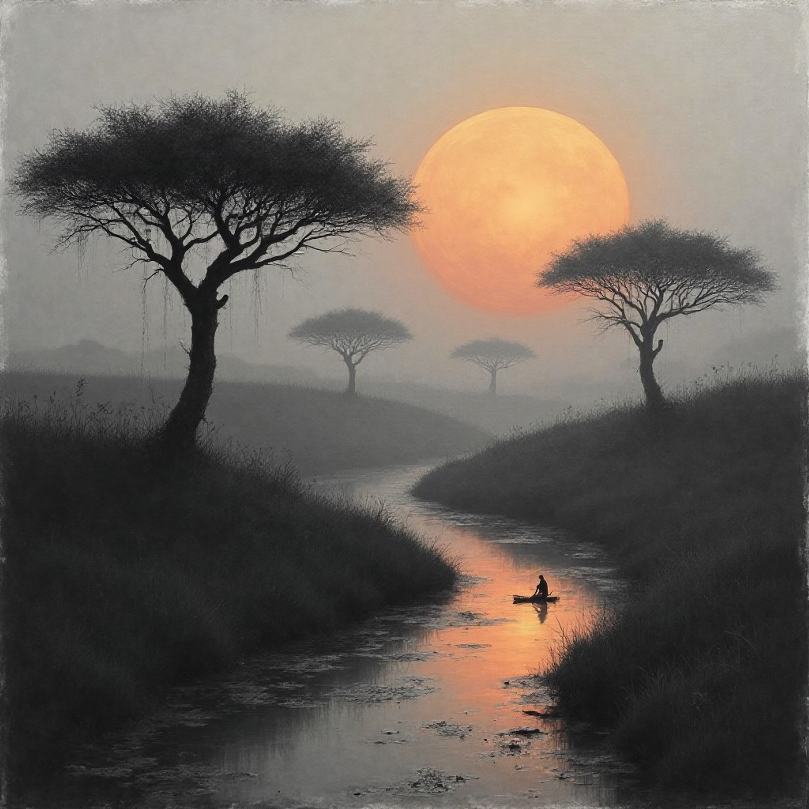 Ethereal fantasy concept art, bird’s-eye view of a winding river through a savannah valley at dusk. Singular acacia trees silhouetted against a massive orange sun, dew on spiderwebs, a lone woodcutter chopping logs near distant glowing campfires. Post-apocalyptic beauty of decay. Monochrome black and white with one subtle accent color. Charcoal and graphite texture, rough shading with soft painterly oil brushstrokes, inspired by Rembrandt. Romantic, mystical atmosphere, rule of thirds composition, ultra-detailed, masterpiece quality, dreamy and cinematic.