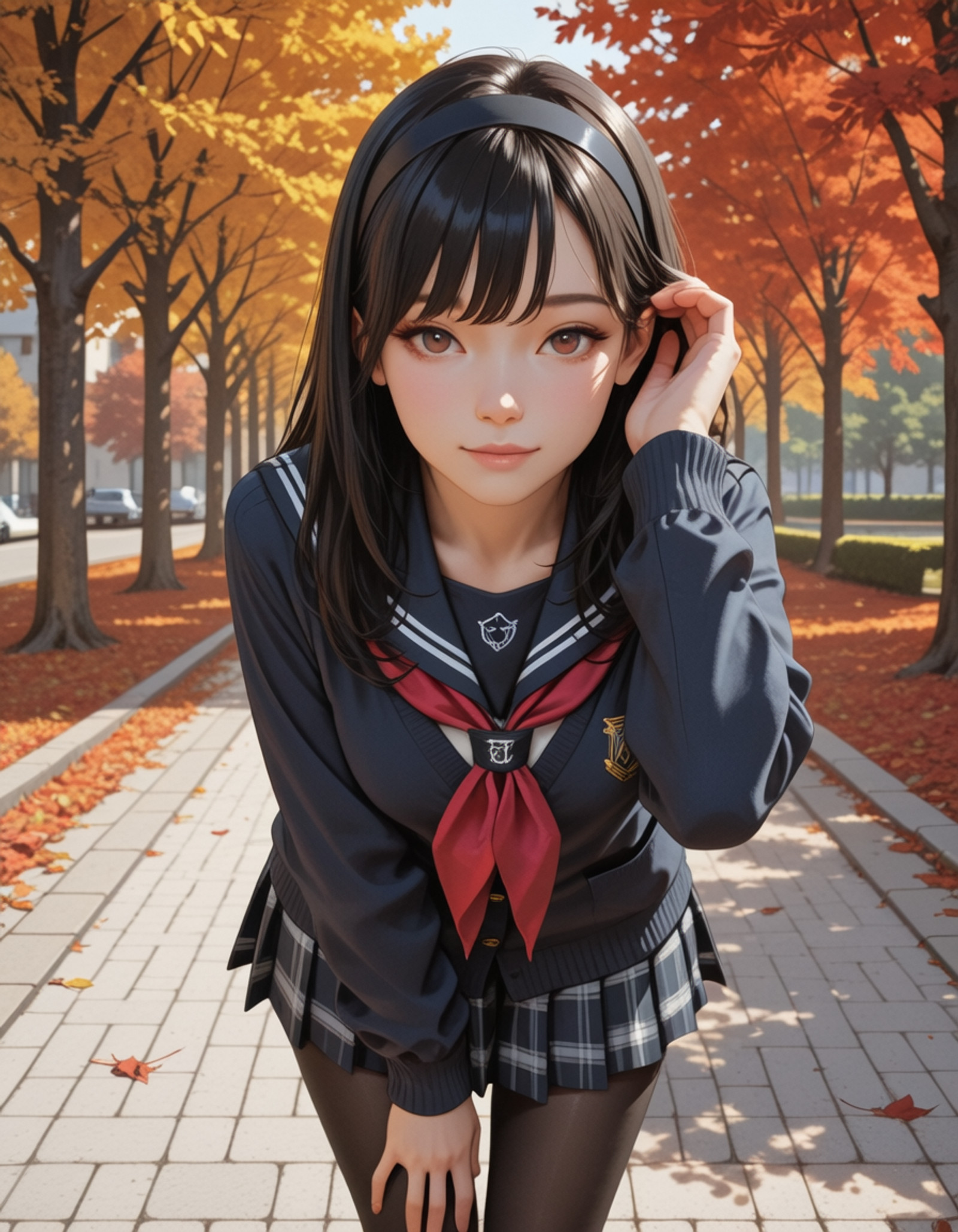 Brown eyes, red eyes, long hair, black hair, Hairband,
serafuku, navy cardigan, pleated skirt, plaid skirt, Pantyhose,
leaning forward, tucking hair,
looking at viewer, soft Smile, doyagao,
park, autumn leaves, soft sunlight, 
foreground, depth of field, Blurred periphery,
BREAK
masterpiece, best quality, amazing quality, very aesthetic, newest, incredibly absurdres, ultra detailed, 8k, HDR, High quality digital art, official art, advertising style, detailed background,
painting \(medium\), cinematic lighting, ray Tracing, ambient occlusion, dynamic composition, foreshortening,g:1.4),, <lora:dmd2_sdxl_4step_lora:1>