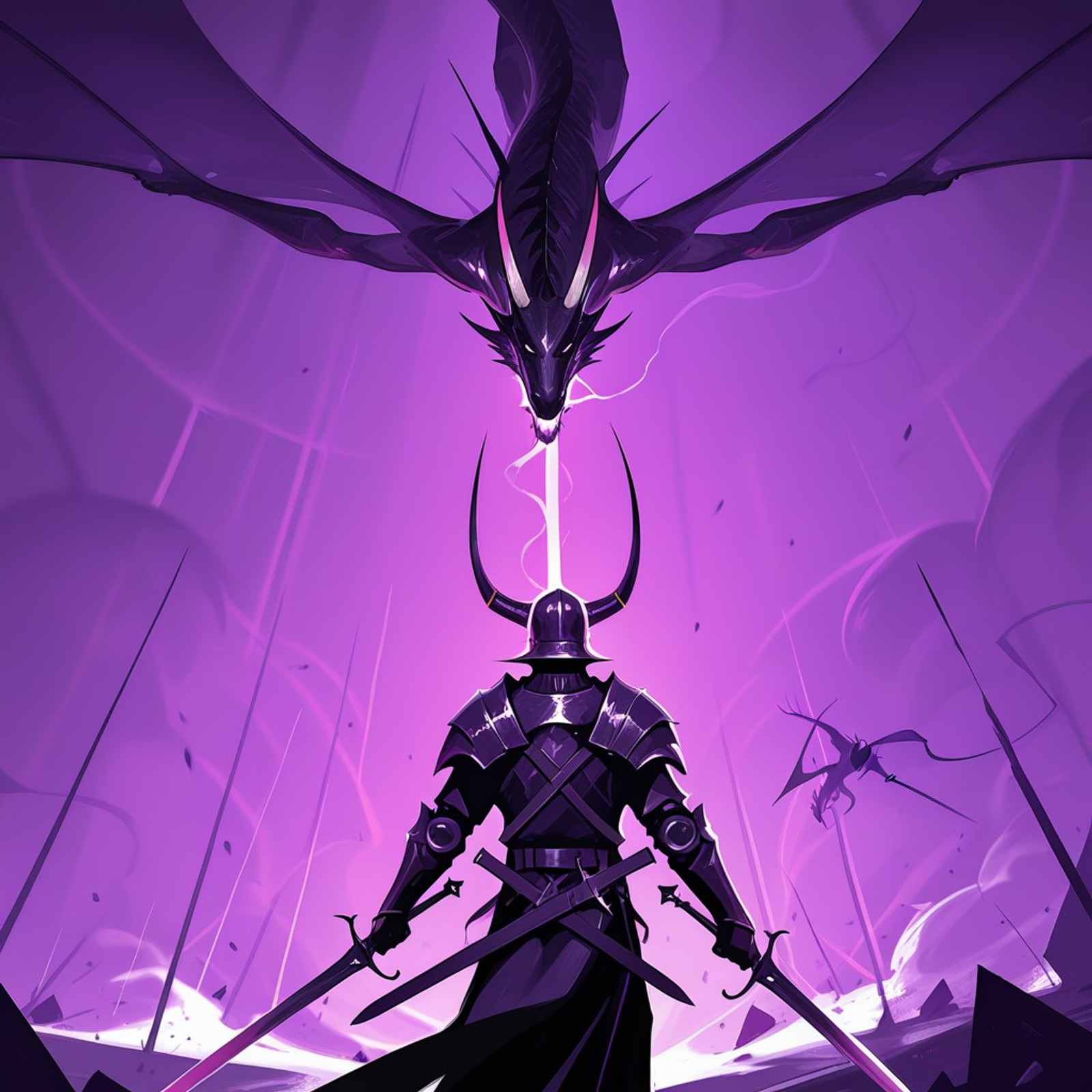 <lora:DominikMayerV2-ArtStyle:1>, d0m1n1c-style, masterwork, masterpiece, highres, very aesthetic, absurdres, 8k, uhd, best quality, amazing quality, perfect composition, intricate details, (absolutely gorgeous), dynamic angle, cowboy shot, abstract, 1boy, holding, standing, male focus, weapon, wings, sword, holding weapon, from behind, holding sword, 1other, smoke, dual wielding, monster, dragon, battle, purple theme, debris, dust cloud, horns, armor, helmet, demon