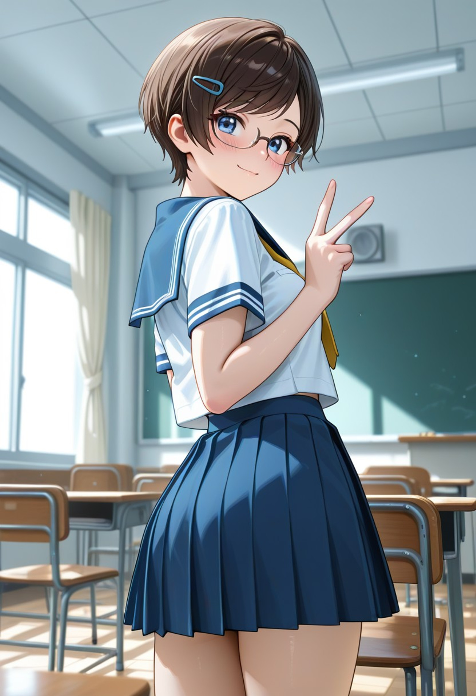 ((high quality:1.5), ((high resolution)), ((incredibly detailed)), newest, 8K, 16K, visualnovel illustration quality, masterpiece, natural lighting, perfect anatomy, detailed background, dynamic angle, indoors, classroom, chair, from behind,   1woman, white serafuku, blue sailor coller, short sleeve, yellow tie, blue pleated skirt, standing, perfect face, perfect blue eyes, semi-rimless eyewear, small breasts, detailed brown pixie cut, swept bangs, lustrous skin, flushed skin, hairpin, soft smile, blush, v sign, Jeddtl02,