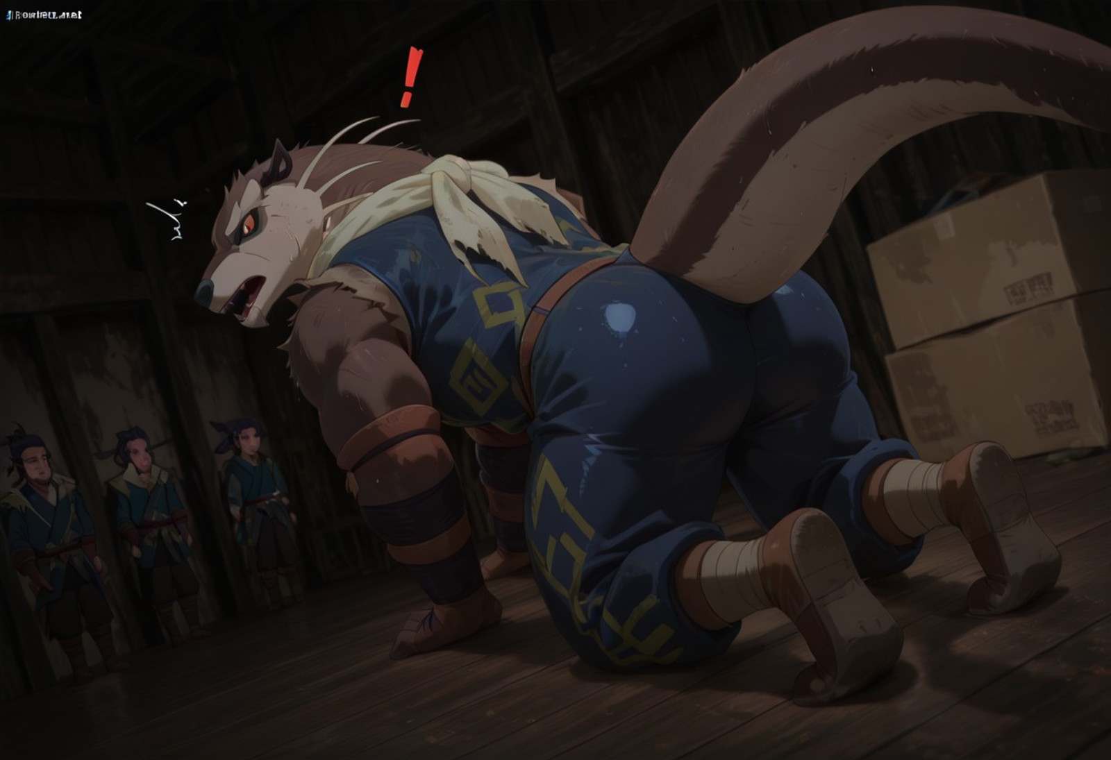 amazing quality,,Expressiveh,thick thigh, highly detailed face, (perfect face, perfect eyes)),very awa, highly detailed, intricate details, masterpiece, best quality perfect quality, perfect lineart, high quality, digital drawing, intrincated details, well-balanced features, absurdres, newest,1boy,((Ashigumo,otter, smooth gray-brown fur skin, lighter cream underbelly, long narrow muzzle, sharp pointed snout, black nose, narrow intense eyes, red irises, thin sharp eyebrows, long thick tail)),,,1boy, 4k,cel shadings, headband, blue bodysuit, gloves, harness, belt pouches, looking away, looking to the side, open mouth, on the floor, on all fours, submissive, thick ass, massive ass, muscle butt, muscular ass, large ass, big butt, bubble butt, action lines, surprised, horny, sweaty, steamy body, steamy ass, very sweaty, spacious, very spacious, dynamic, interesting composition, dutch angle, BREAK, indoors, warehouse, dark, low light, large cardboard box, red exclamation mark, depth of field, surrounded by anonymous men, subsurface scattering, BREAK, low light, very dark, moody, very awa, masterpiece, best quality, absurdres, newest, perfect quality, (impasto), detailed background, intricate details, perfect anatomy, lowkey, pastel color palette, limited color palette, stylized, impasto
