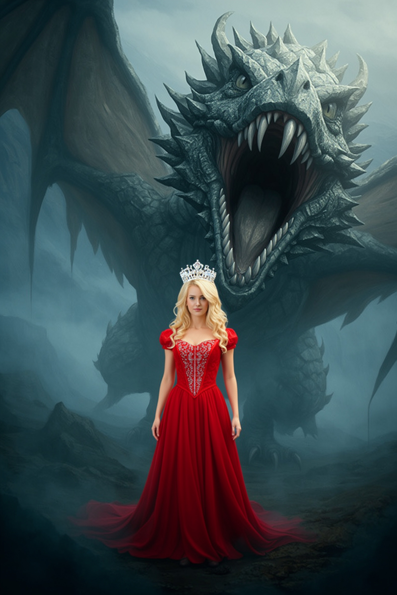 A blonde princesss in a red flowing dress and crystal crown, standing in front of a massive winged forged carbon dragon. Colossal scale, dragon mouth open with sharp teeth. Foggy, mystical landscape. Vertical composition, cinematic lighting.