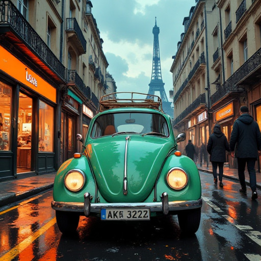 Vehicle, this is a digital painting of a vintage green Volkswagen Beetle driving down a narrow, wet street in a European city. The Beetle, positioned in the center of the image, has a shiny, reflective green exterior with a chrome front bumper and a roof rack. Its headlights are on, and the French license plate reads "AK 3232". The street is lined with tall, narrow buildings featuring black iron balconies and bright orange shop signs, including one with a yellow dog illustration. Pedestrians, dressed in dark winter coats, are walking on the right side of the street. In the background, the Eiffel Tower is visible, rising above the buildings and partially obscured by a cloudy, blue sky. The street reflects the wetness, creating a glossy, dark surface that contrasts with the bright green of the Beetle. The overall style of the painting is realistic with a slightly nostalgic, almost romantic atmosphere, emphasizing the charm of the city and the classic car. The colors are vibrant, with the green of the Beetle standing out against the more muted, brown and gray tones of the buildings and street.