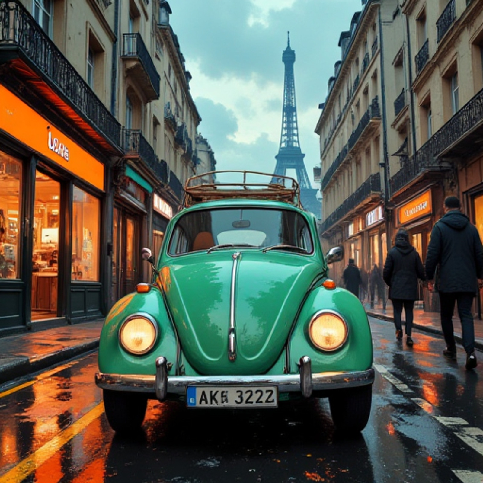 Vehicle, this is a digital painting of a vintage green Volkswagen Beetle driving down a narrow, wet street in a European city. The Beetle, positioned in the center of the image, has a shiny, reflective green exterior with a chrome front bumper and a roof rack. Its headlights are on, and the French license plate reads "AK 3232". The street is lined with tall, narrow buildings featuring black iron balconies and bright orange shop signs, including one with a yellow dog illustration. Pedestrians, dressed in dark winter coats, are walking on the right side of the street. In the background, the Eiffel Tower is visible, rising above the buildings and partially obscured by a cloudy, blue sky. The street reflects the wetness, creating a glossy, dark surface that contrasts with the bright green of the Beetle. The overall style of the painting is realistic with a slightly nostalgic, almost romantic atmosphere, emphasizing the charm of the city and the classic car. The colors are vibrant, with the green of the Beetle standing out against the more muted, brown and gray tones of the buildings and street.