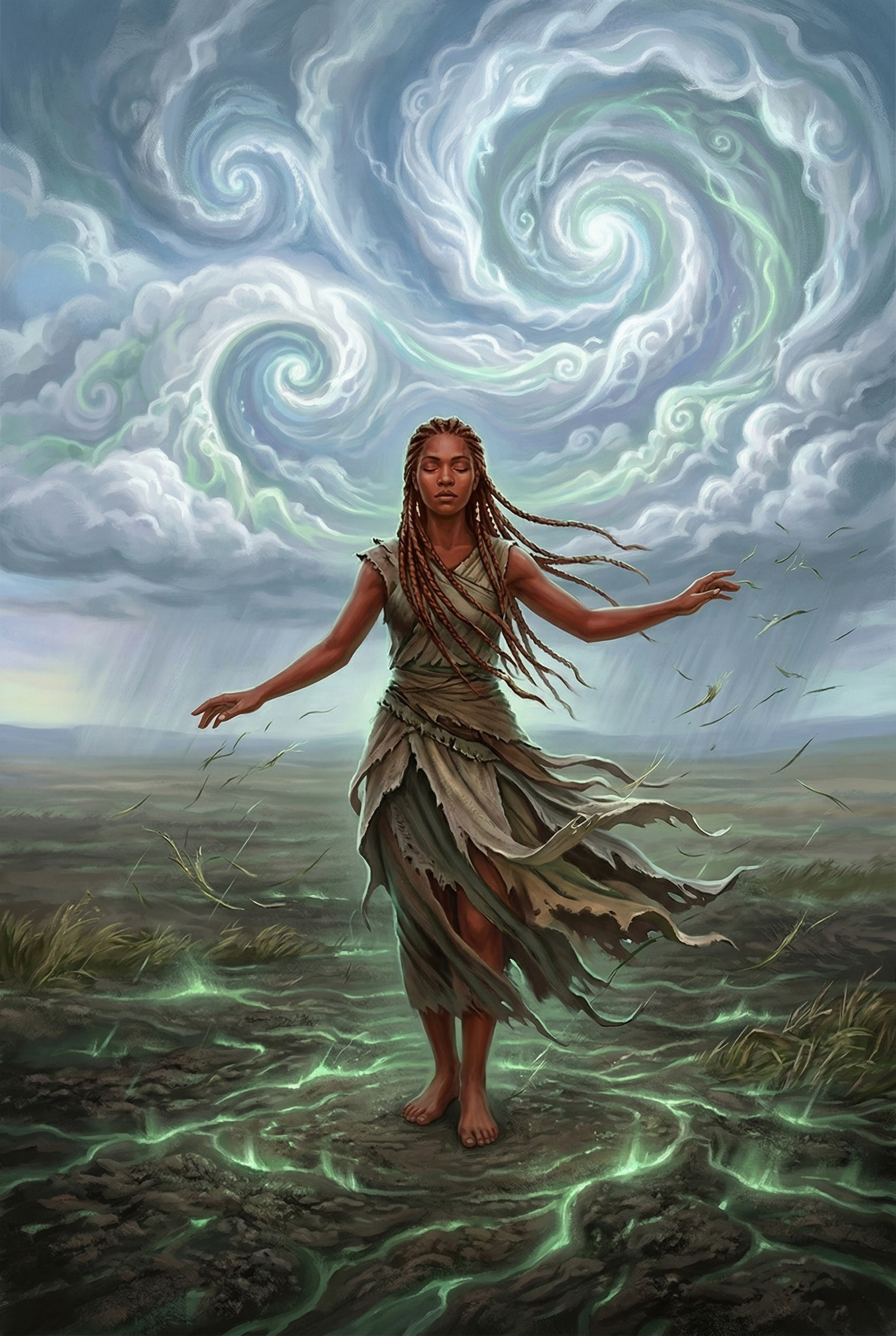 On a vast, windswept plain, a woman with deep, russet skin and long, braided hair stands perfectly still, her eyes closed as she listens to the rhythm of the earth beneath her feet. The wind blows her tattered clothing in soft ripples, carrying with it the scent of wild grasses and distant rain. All around her, the landscape stretches endlessly, the horizon a soft blur of sky and land merging into one. The ground pulses gently, faintly glowing with a green light that seems to echo the slow heartbeat of the planet itself. Her arms are outstretched, her fingers lightly brushing the air as if feeling the energy that flows unseen all around. Overhead, clouds swirl in intricate spirals, following the currents of energy that only she can perceive. Each breath she takes is deep, deliberate, as though she is inhaling the essence of the world itself. The scene captures a perfect moment of attunement, where the woman’s awareness stretches far beyond the physical, into the very soul of the earth. The air is charged with a quiet, electric stillness, as if the entire landscape is alive, waiting for her to move. 2:3.