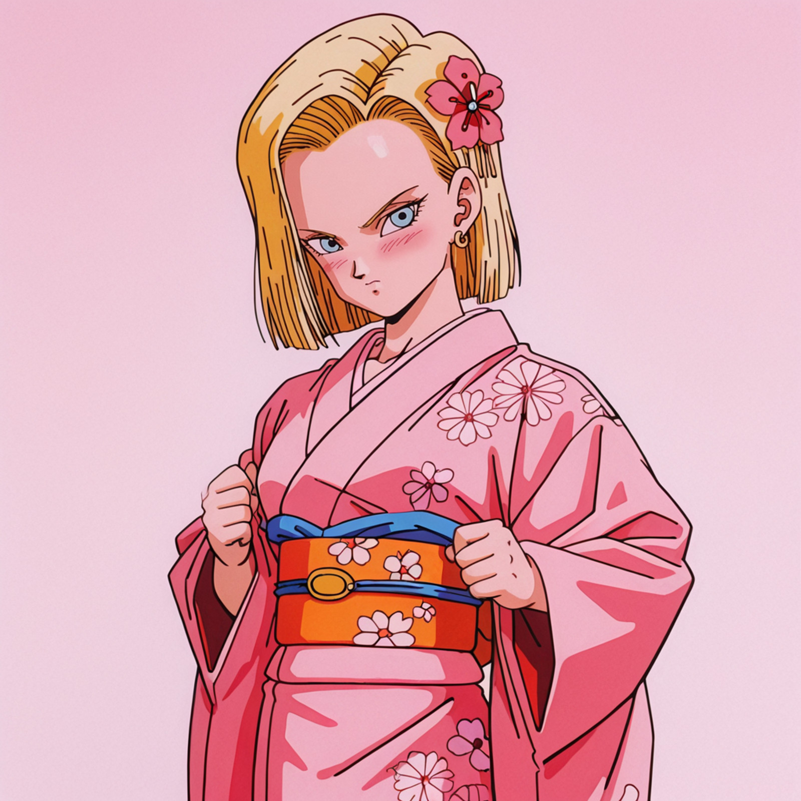 <lora:Android18DBZ_illustrious_v1:.7> Android18DBZ, 1girl,  blonde hair, earring, short hair, blue eyes, 1990s (style), retro artstyle , cowboy shot,, japanese clothes, kimono, hair ornament, blush, hair flower, pink kimono, sash, obi, floral print, wide sleeves