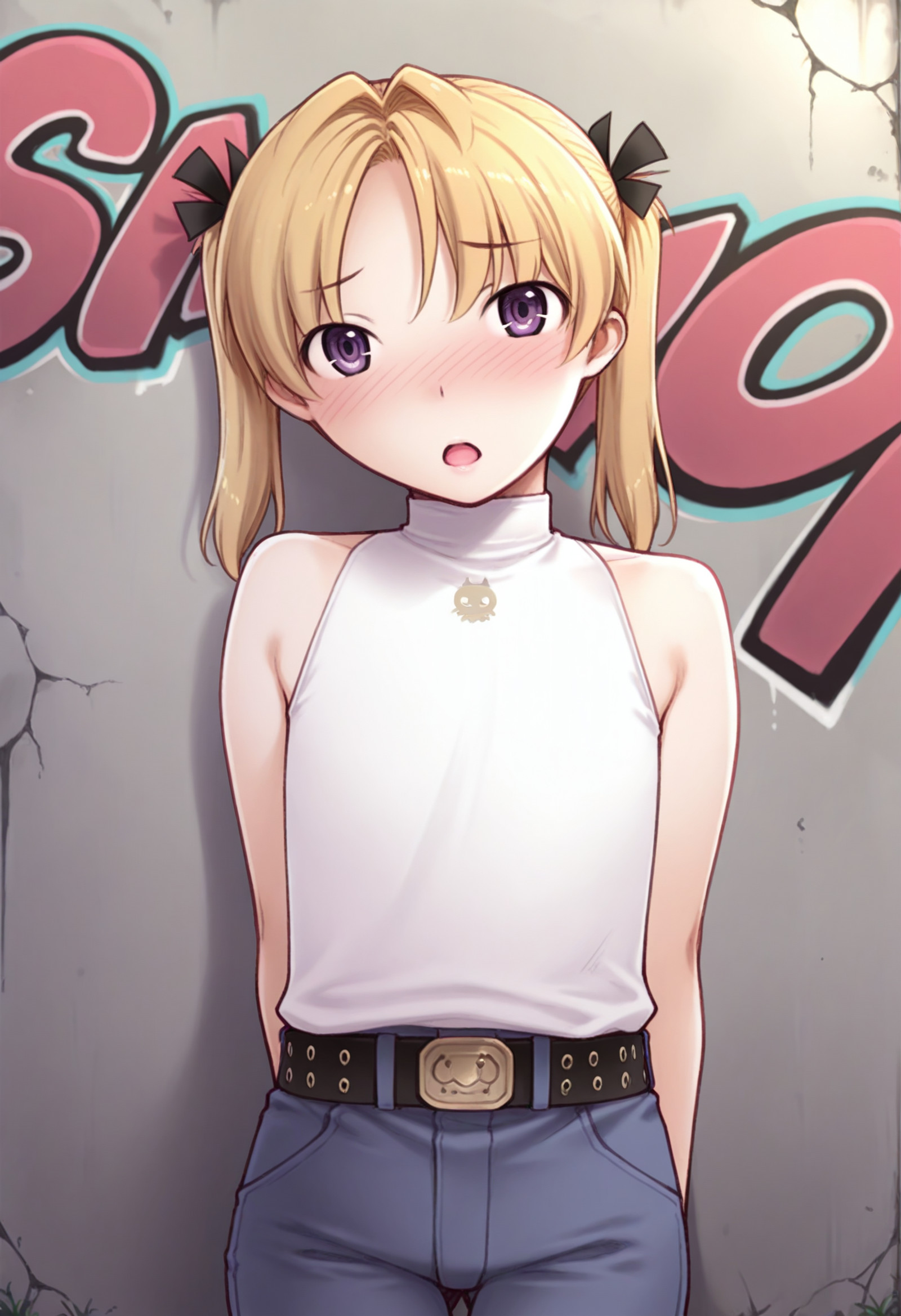 masterpiece, 1girl, solo, csato, blonde hair, twintails, medium hair, purple eyes, hair ribbon, flat chest, white shirt, sleeveless turtleneck, jeans, belt, blue pants, graffiti, outdoors, day, open mouth, wall, blush, looking at viewer,