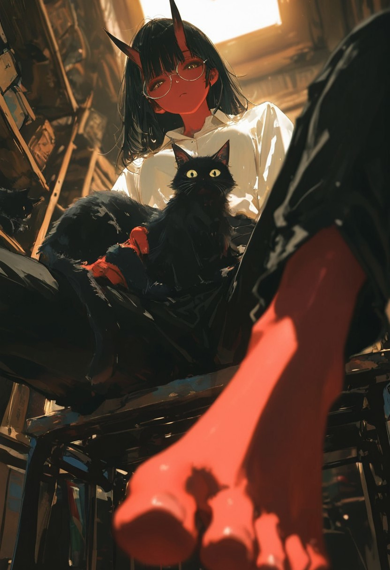 masterpiece, best quality, ultra-detailed, very aesthetic, depth of field, best lighting, detailed illustration, detailed background, beautiful face, beautiful eyes, soft lighting, bloom effect, detailed background, cute girl, eyelashes, foreshortening,
Aka-Oni, oni, (oni horns), colored skin, (red skin:1.3), smooth horns, black horns, straight horns, mature,
1girl, solo, long black hair, messy hair, glasses, round glasses, eyewear, looking down, looking at viewer, from below, low angle, POV, feet focus, barefoot, sole, toes, sitting, legs apart, black cat, cat on lap, white shirt, collared shirt, black pants, indoor, shelves, boxes, storage room, warm lighting, sepia, 
(rella:1.2), (redum4:1.2) (au \(d elete\):1.2) (dino \(dinoartforame\):1.1), wlop,