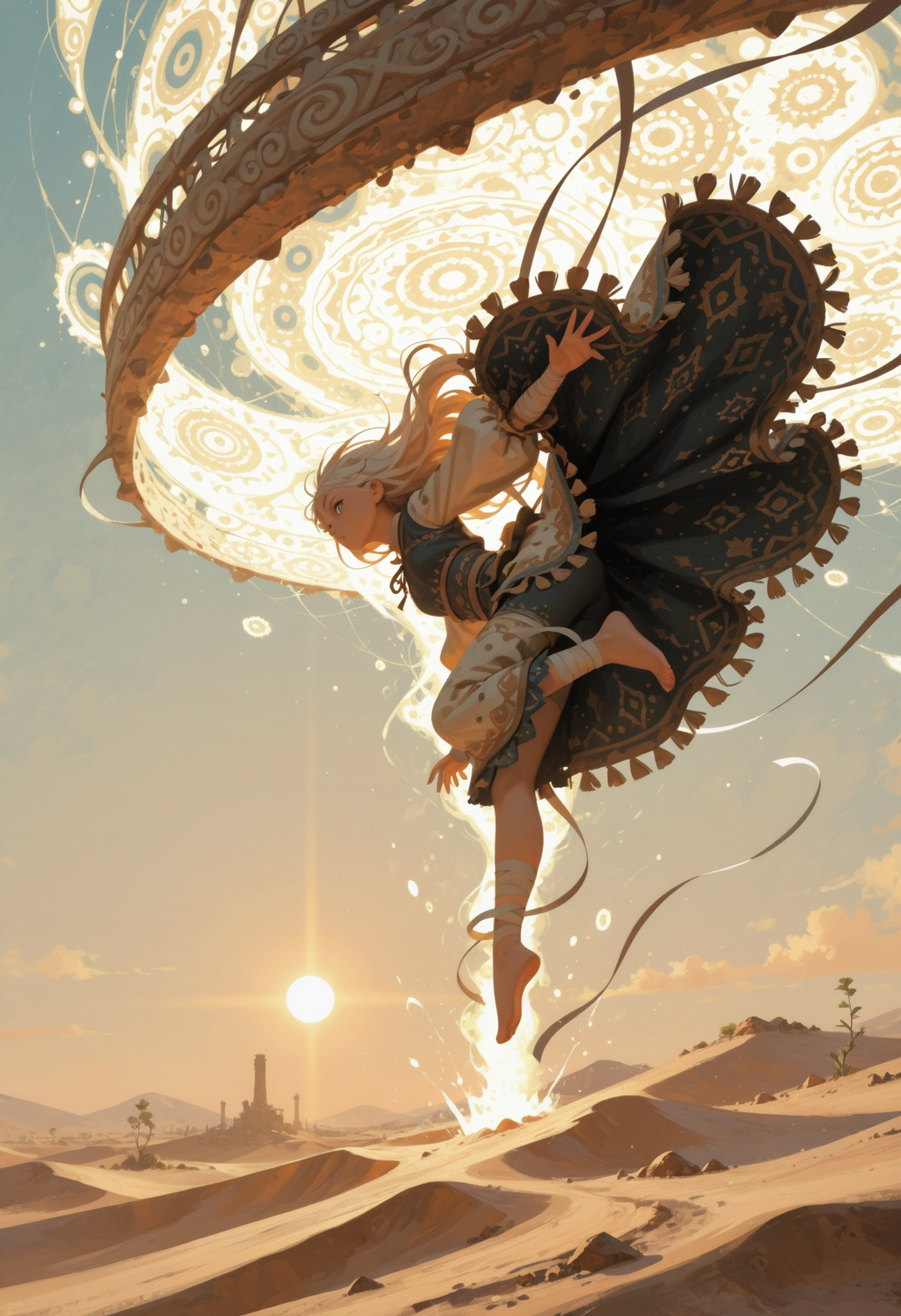 ultra-HD, 8K, ultra detailed, concept art, masterpiece, best quality, amazing quality, newest, absurdres, highres, masterwork, detailed, high detail, very aesthetic, great atmosphere, amazing ambience, perfect composition, sharp focus, dramatic lighting, intricate, dynamic, rich color, (pastel colors theme), scenic, background, ((action, dynamic, tattered ethereal bandages, flowing white hair, desert of white sand, pale moonlight and silence)), 1girl, [moyazou \(kitaguni moyashi seizoujo\):hong_\(white_spider\):0.75], (mimonel:waterring:0.4), (moyoron:haimura kiyotaka:0.4), BurstDaal, linele55fantasy, no lineart, patterned clothes, enchanted, magical, glowing, bright, illuminated, magic, pretty, professional, winning, extremely fine, epic, cinematic, stunning, striking, gorgeous, creative, beautiful, cool, futuristic, highly coherent