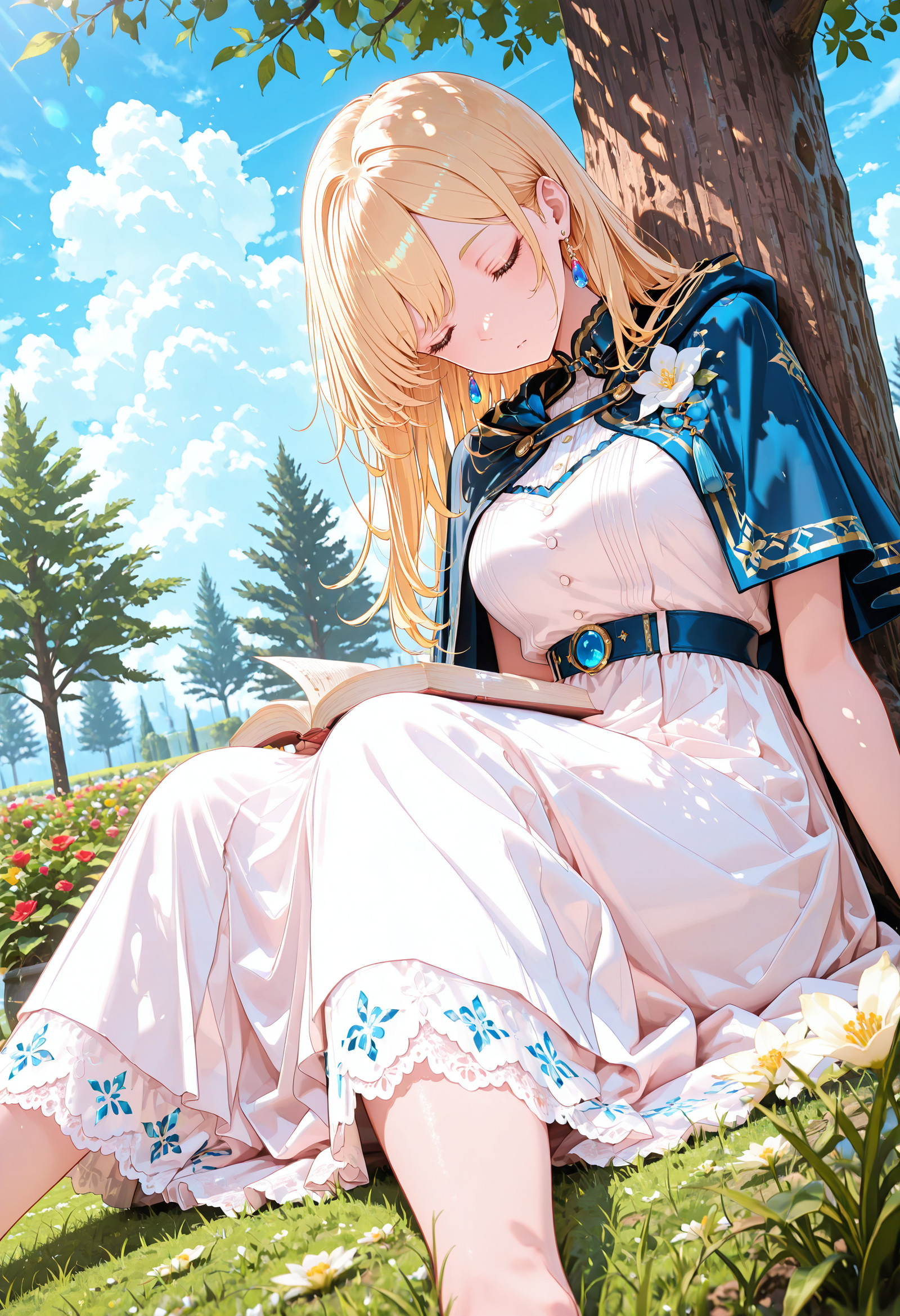 1girl, solo, lazypos, anime_coloring, delicate, dreamy, cinematic angle,
cinematic lighting, cinematic, volumetric lighting, natural shadows, cloud, blue sky,
soft and gentle colors, soft pastel colors, soft shading, detailed textures,
<lora:hololive_kaela_kovalskia_redebut:0.35> kaela20, swept_bangs, blonde hair, closed eyes, long hair,
long dress, white_dress, blue capelet, blue collar, lace trimmed dress, blue lace trim, sleeveless dress, alternate costume, earring,
outdoors, garden, flower, sleeping, under tree, head tilt,
sitting, on grass, book, open book, book on lap, outstretched legs,
<lora:USNR_STYLE_ILL:0.55> usnr,
<lora:PHM_style_v3:0.65>
<lora:TRT_style_v1-4:0.75>
<lora:Smooth_Booster_v3:0.35>
<lora:illustriousXLv01_stabilizer_v1185c:0.3>
<lora:DynamicPoseIL2att_alpha1_rank4_noxattn_900steps:2.5> dynamic pose, extreme perspective