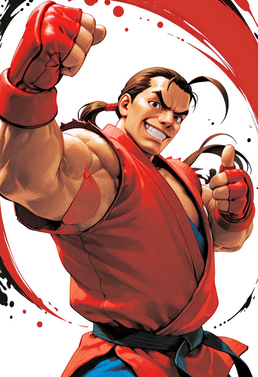 sf4_effect, motion lines, brushstroke, ink drops,  hibiki dan, street fighter, 1boy, male focus, muscular male, brown hair, long hair, ahoge, ponytail, fingerless gloves, dougi, dougi, thumbs up to viewer, grin, upper body, dynamic pose, highres, masterpiece, best quality, amazing quality, very awa, very aesthetic, , <lora:SDXL1.0\dmd2Sdxl4stepMerge.jcNz.safetensors:1.0:1.0> <lora:Illust\edit\new\sf4_motion_line_v1-000007.safetensors:1.0:1.0>