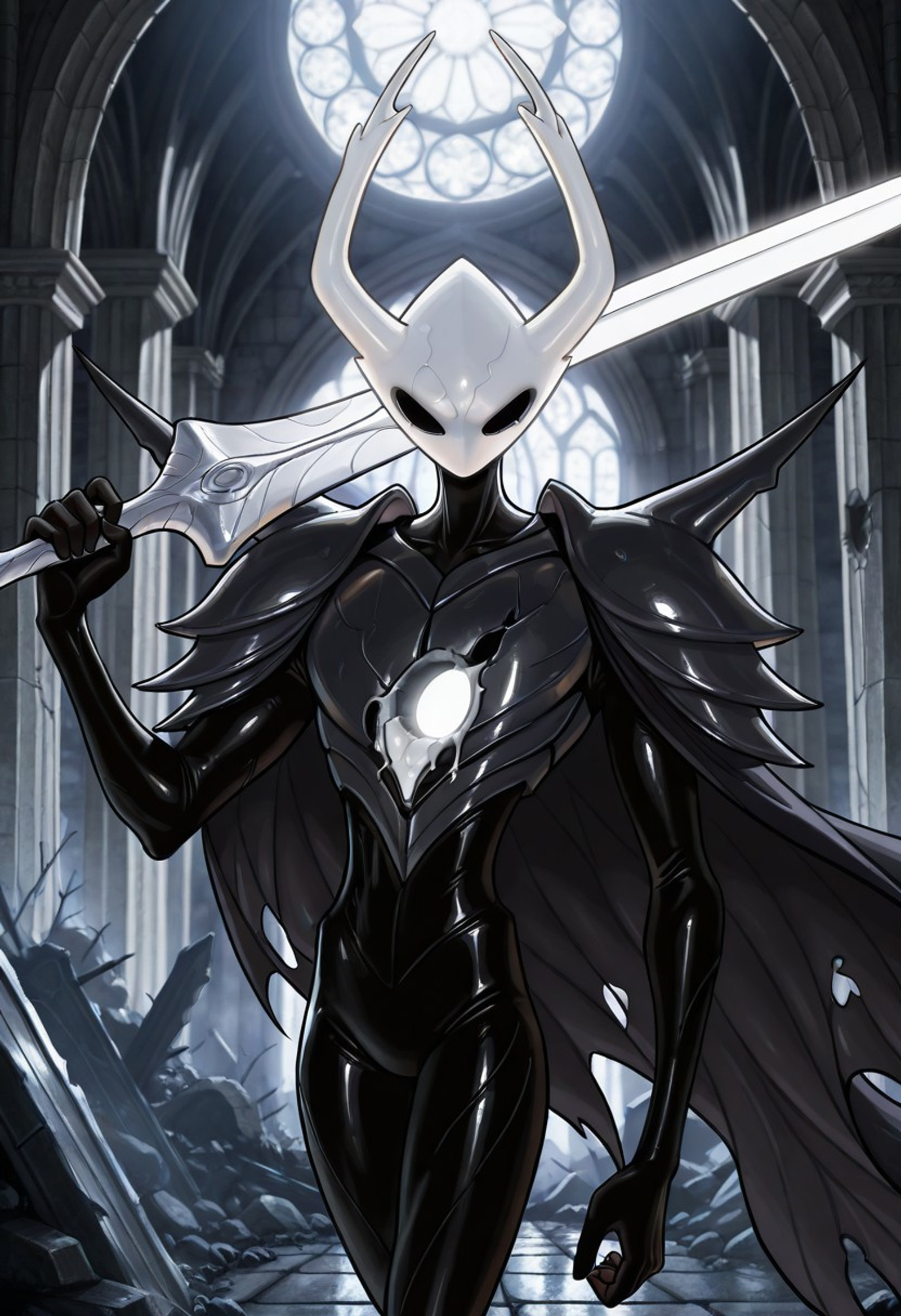 masterpiece, best quality, amazing quality, cartoon, official style, 1boy, solo, Pure Vessel, HK,mature, white hollow knight mask, white antlers, dark bodysuit, black eyes, (no mouth), kn1ghtd3lta, shadow creature, black bodysuit, spiked shoulders, armor, dark cape, torn cape, holes in hands, hole in chest, pointed legs, standing, glowing weapon, greatsword, holding sword-over-shoulder, weapon over shoulder, looking at viewer, glaring, dark cathedral, ruins, cowboy shot, upper body, closeup,