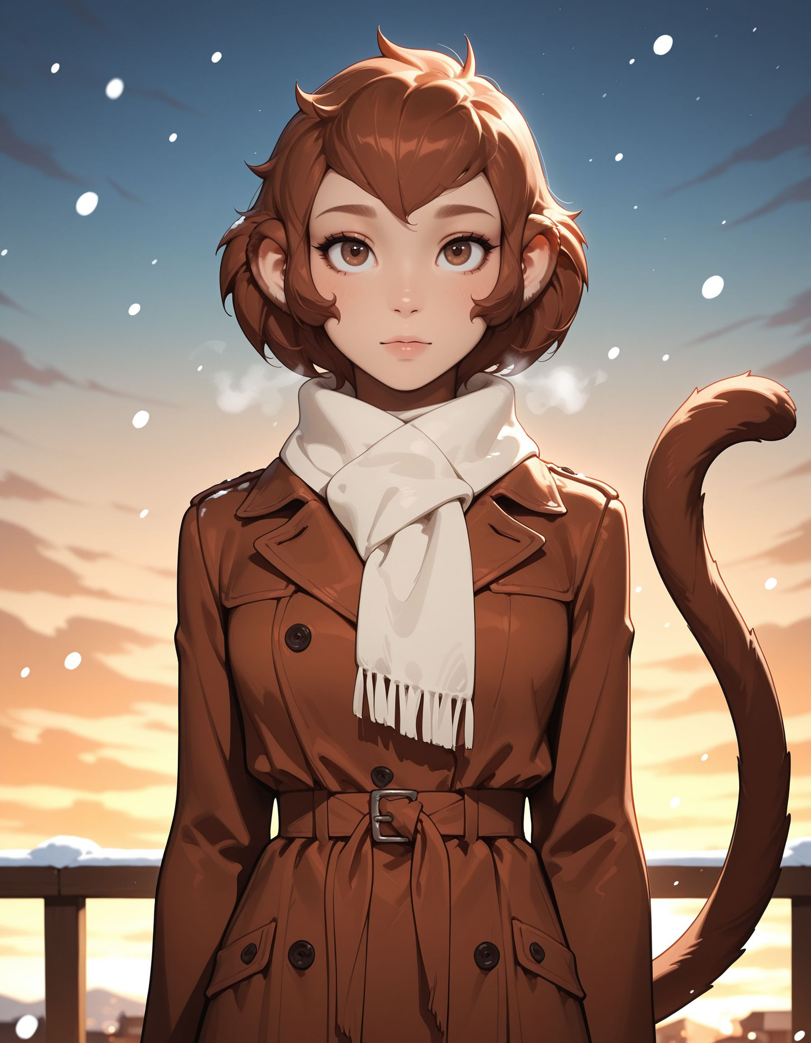 subtle romantic tension, soft eye contact, cinematic sunset lighting, warm rim light, shallow depth of field, delicate fabric folds, gentle wind effect, emotional atmosphere, ultra-detailed, masterpiece, best quality, solo, 
<lora:OCM0n1c4:1.0>
OCM0n1c4, brown hair, short hair, brown eyes, monkey ears, monkey tail, 
looking at viewer, 
standing in falling snow, long winter coat and scarf, snowy town street