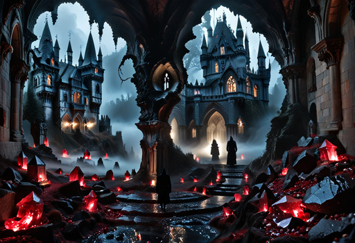 ObsidianCrystality style, a mundane landscape, (all Made of shining crimson fragments and jagged obsidian:1.1) , depth of field, (detailed background:1.16) , masterpiece, digital photograph, DSLR, ludicrously detailed, dark, depth in the foreground, dramatic lighting, ruling over a hourglass, high saturation of gemstones, a gigantic Gothic-style castle shrouded in thick fog and a wandering figure, POV shot of a ("Silent footfalls in the sanctuary of nature, where the soul finds solace, and the spirit finds serenity.":1.3) , Ghostly, indoors, at Blue hour, Reflected light, <lora:ObsidianCrystality:1><lora:LCMTurboMix_DPM_SDE_Karras:0.5><lora:detailed_notrigger:0.5>, rich deep colors, beautiful detailed, stunning, aesthetic, warm light, luxurious sharp focus