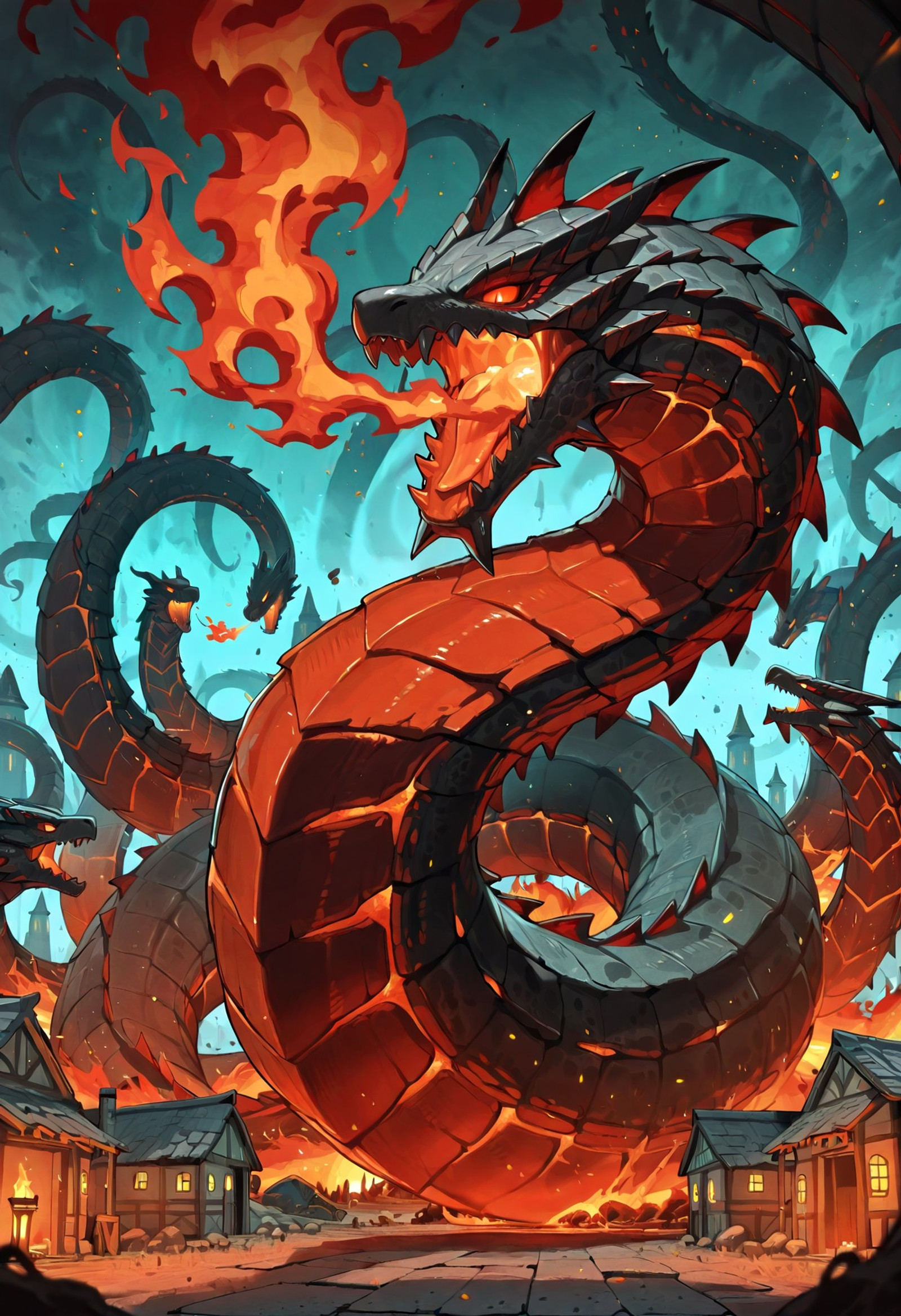 1hydra, giant hydra creature, towering over a small rural village, breathing fire, 7 headed hydra, breathing fire on village huts, vicious beast, a cruel and vile creature destroying civilization, roiling fire, nohumans, brutal monster

masterpiece, best quality, amazing quality, masterwork, cinematic light, harsh shadows, light and shadows, perfect composition