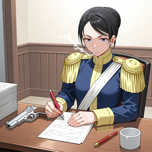 masterpiece, best quality, anime screenshot, safe, highres, absurdres, <lora:Cosmos-Predict2.5-2B-base-distilled-LoRA:1>, <lora:AIIlustOjisan_AnimaP_v01:1>,@toridamono,,,score_9, score_8, score_7,
<lora:rybalko_animaXL:0.8>, black hair, blue eyes, rybalko, short hair,
looking at viewer, 
western reception room, smoking, sitting on chair, desk, papers, gun, pen, writing,