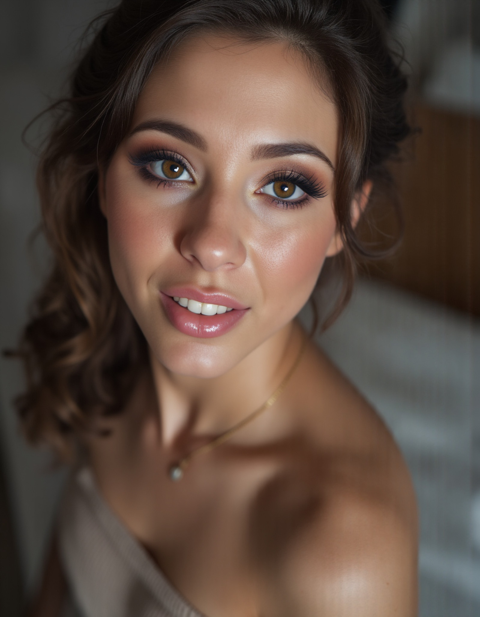 "Breathtaking over the shoulder shot photography of a Slovenia woman looking at viewer, necklace, looking over shoulders, eyelashes, fine hair detail, entire hairstyle visible, perfect eyes with iris pattern, sensual lips, nose, (perfectly sharp:1.3), realistic textures, (deep focus, focus on background:1.5), 8k uhd, dslr, ultra high quality image, film grain, Fujifilm XT3 <lora:Slovenia:1>"